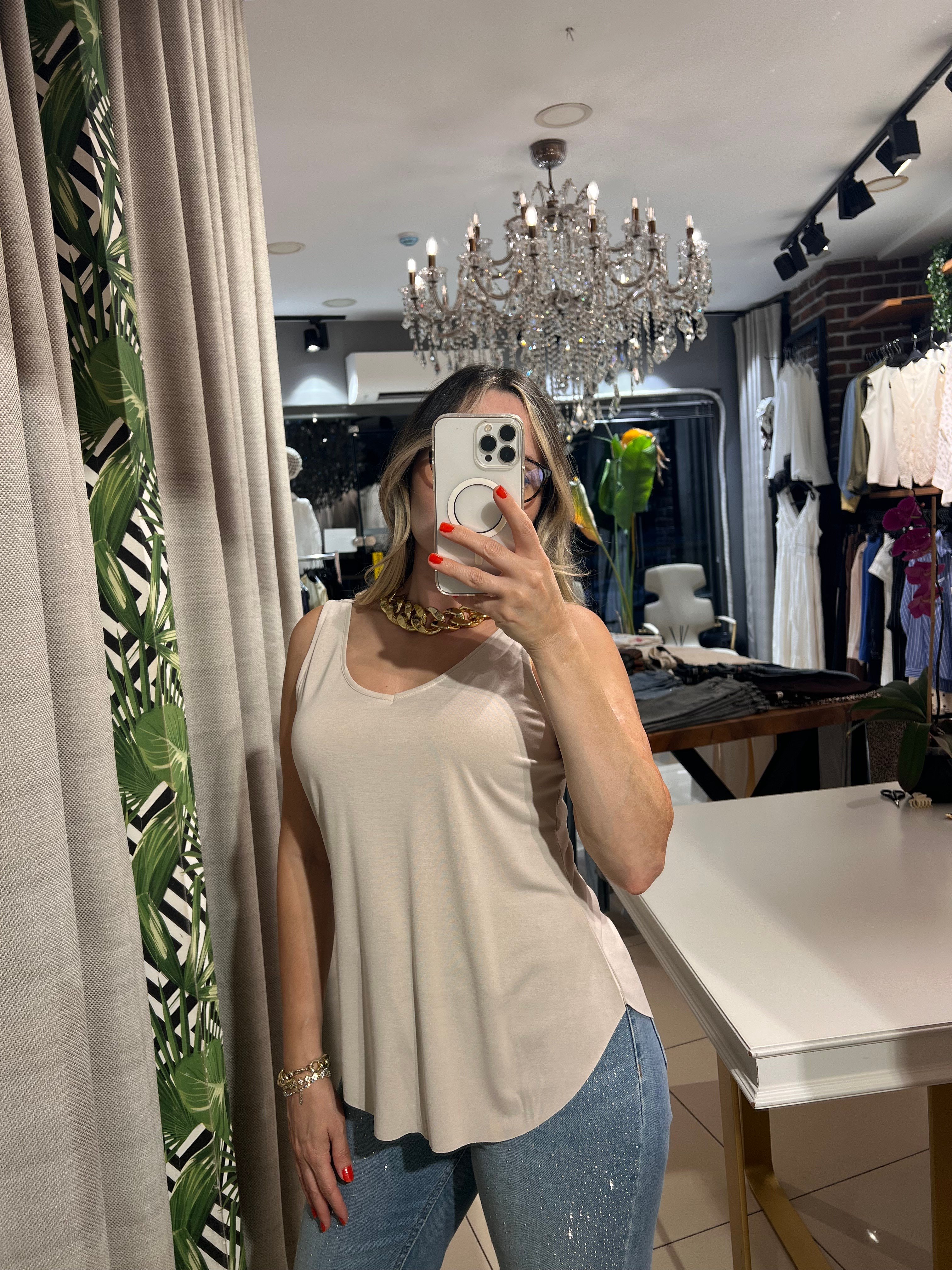 U Yaka Askılı Bej Modal Atlet