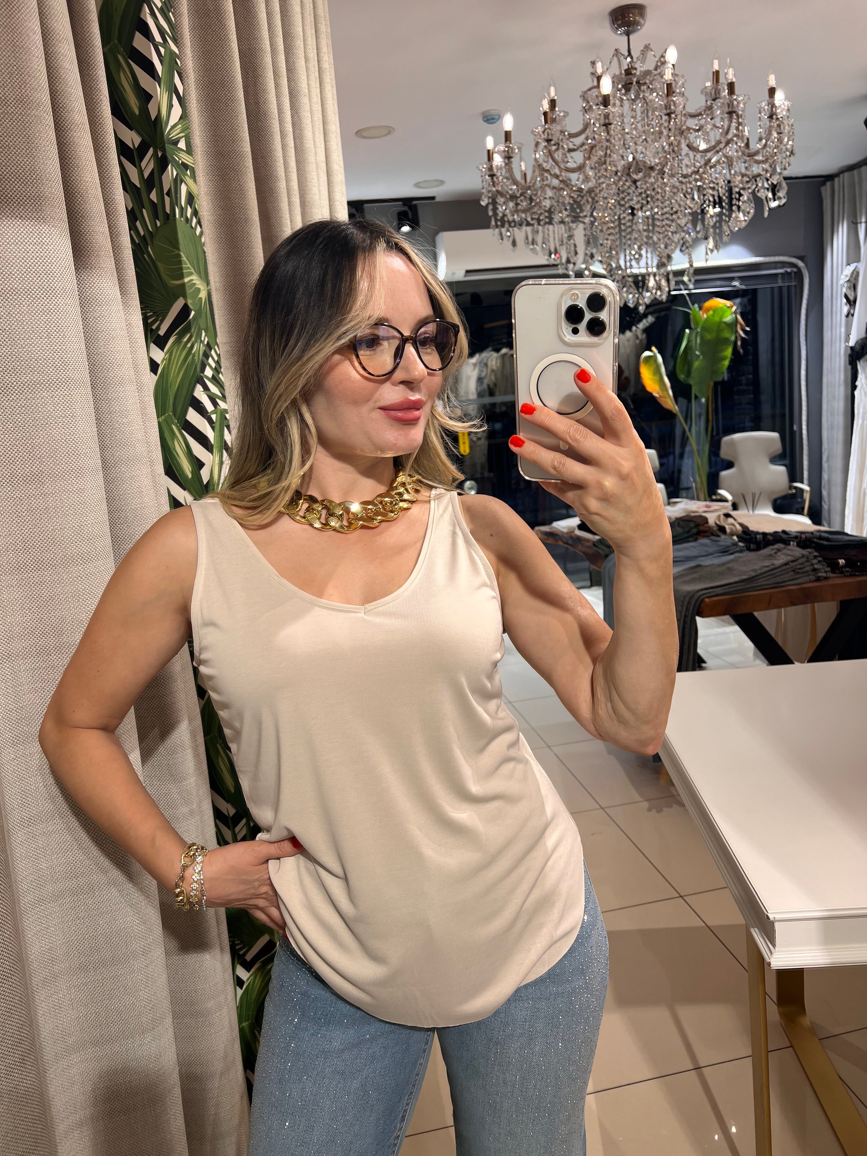 U Yaka Askılı Bej Modal Atlet