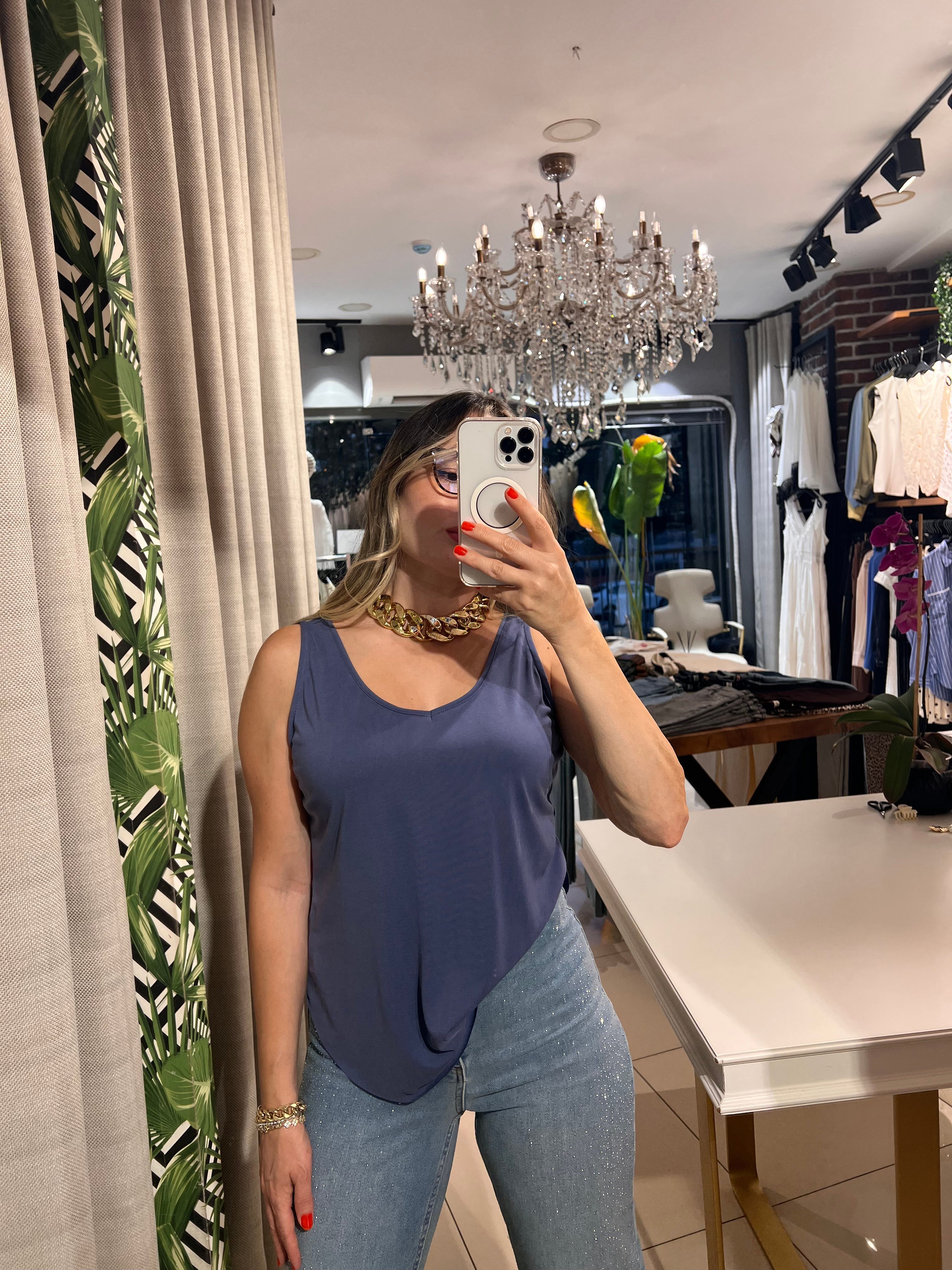 U Yaka Askılı İndigo Modal Atlet