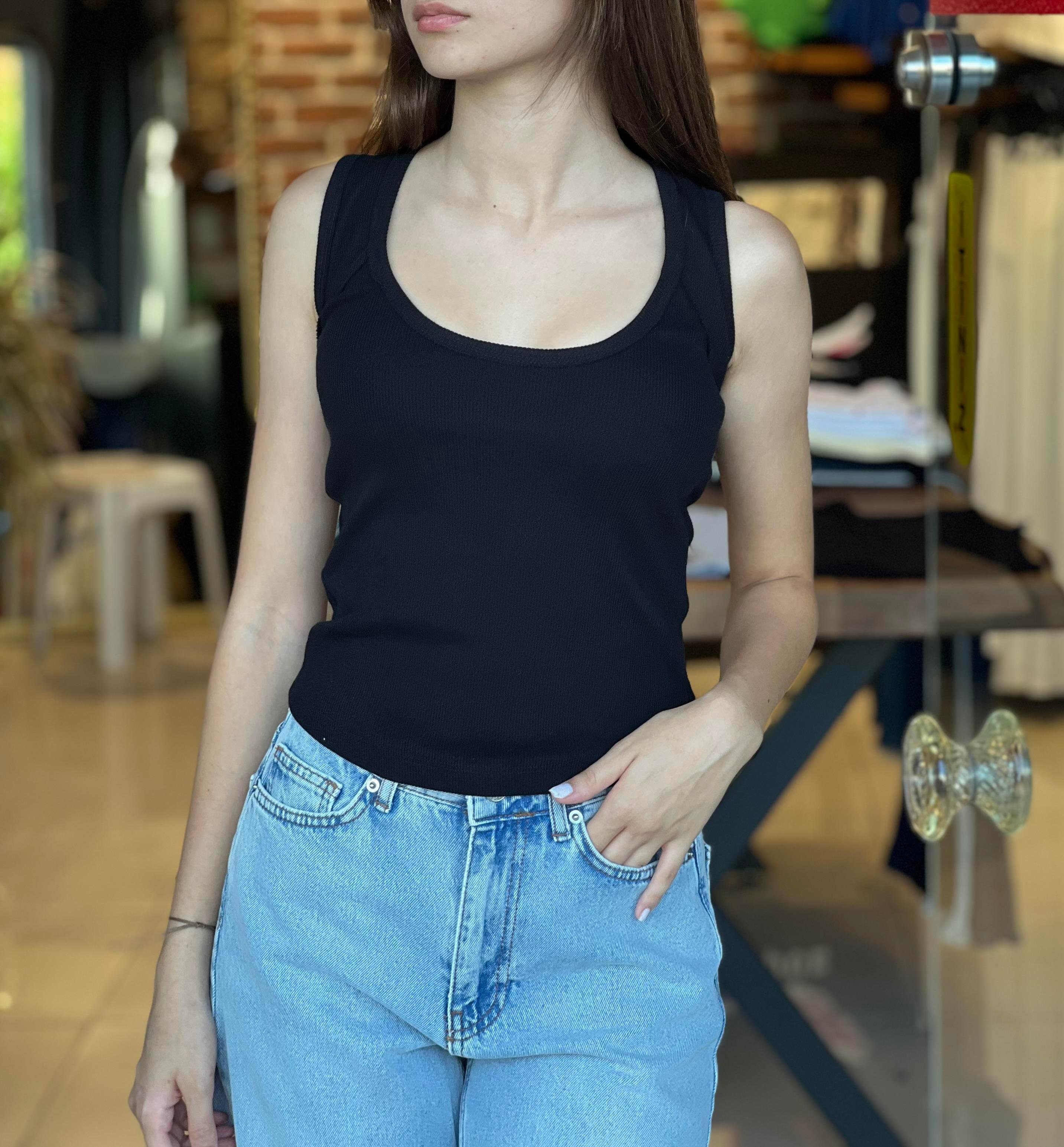 U Yaka Full Likralı Siyah Atlet