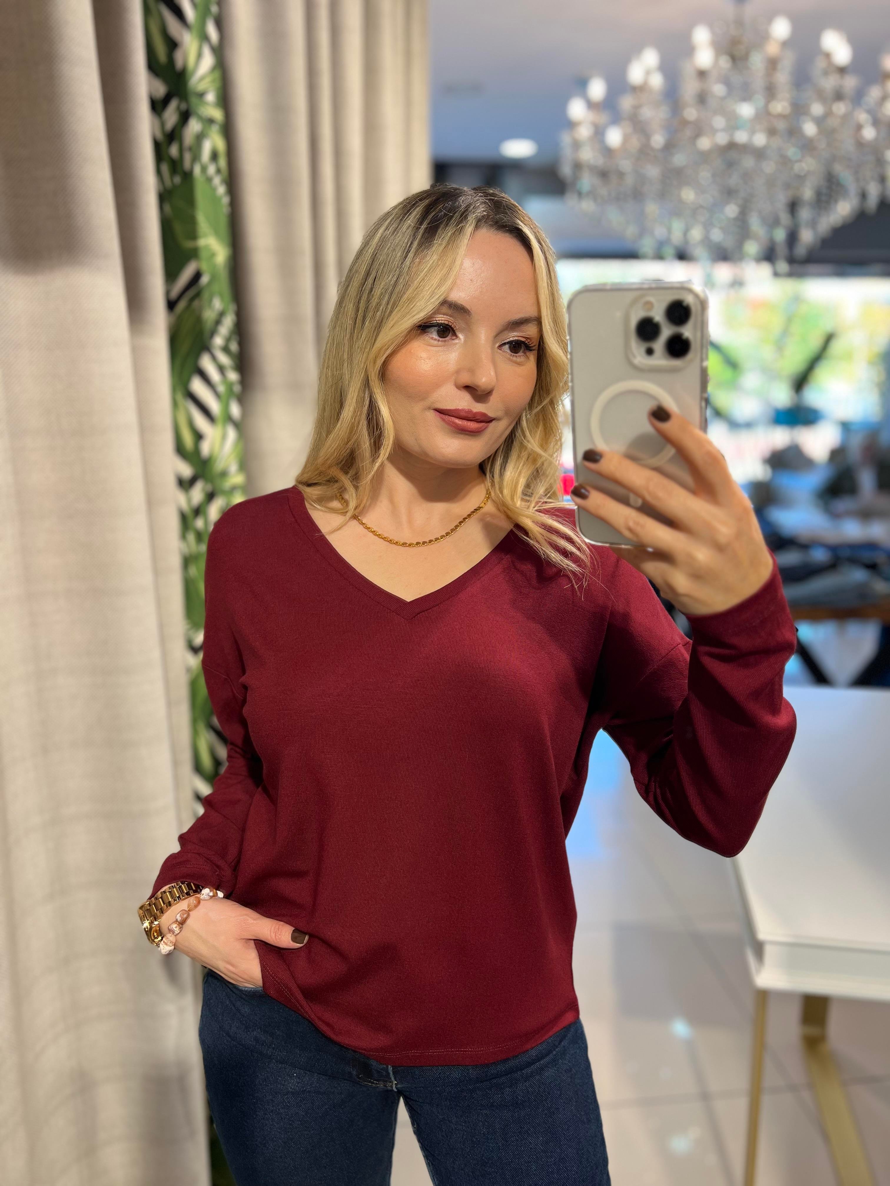 V Yaka Bordo Likralı Penye Bluz