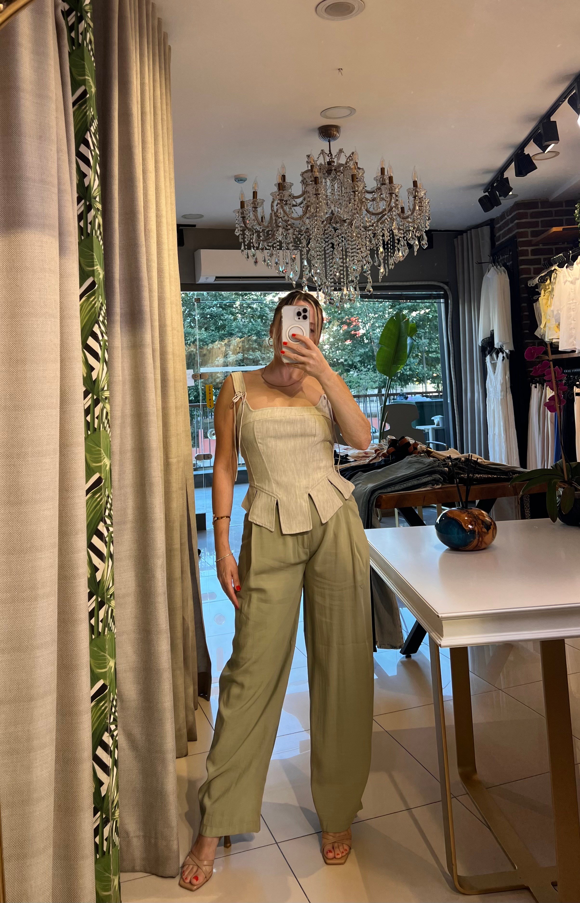 Yeşil Tensel Kumaş Palazzo Pantalon