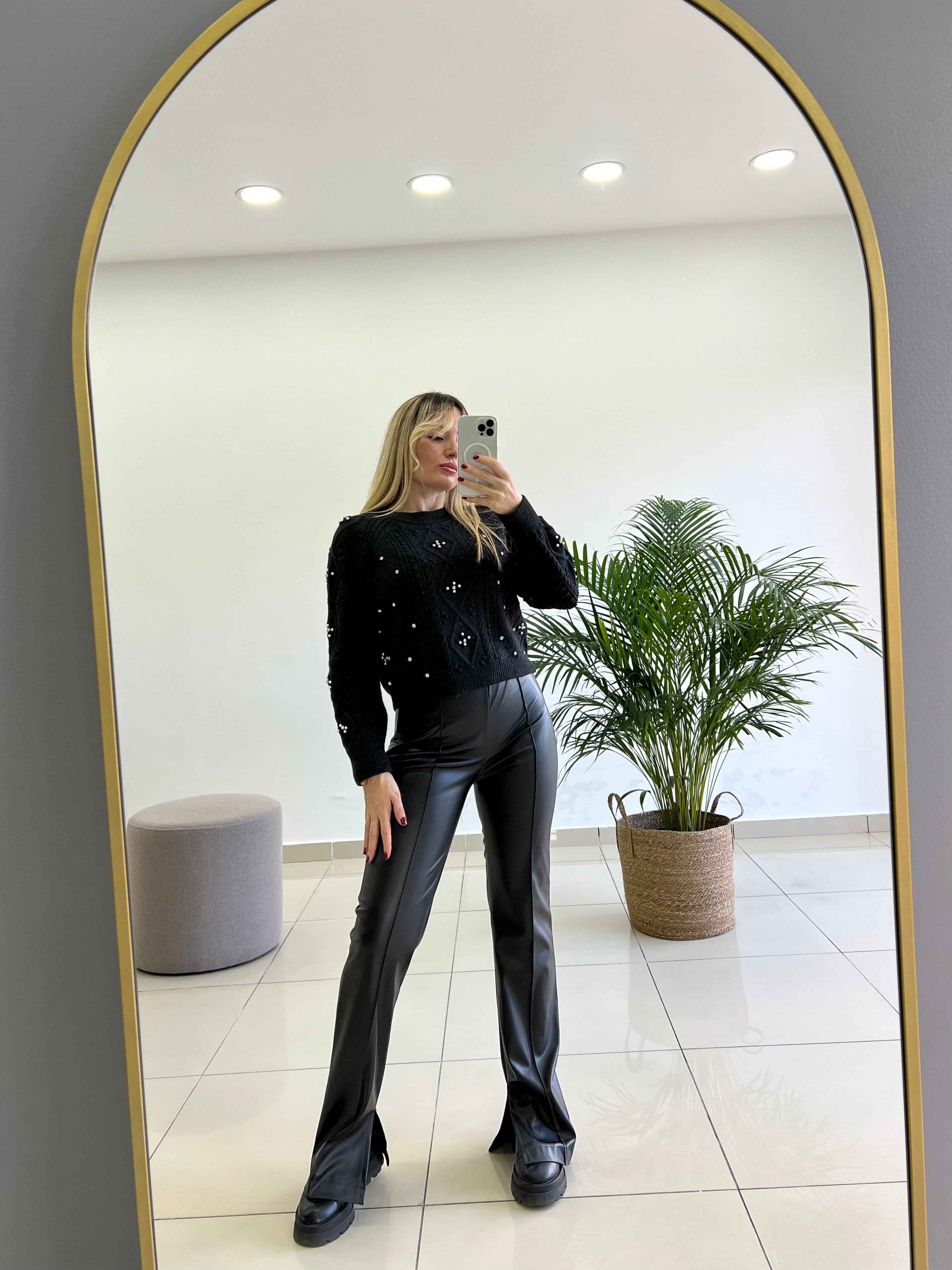 Yırtmaçlı Sıcak Astar Siyah Yarım İspanyol Deri Pantolon