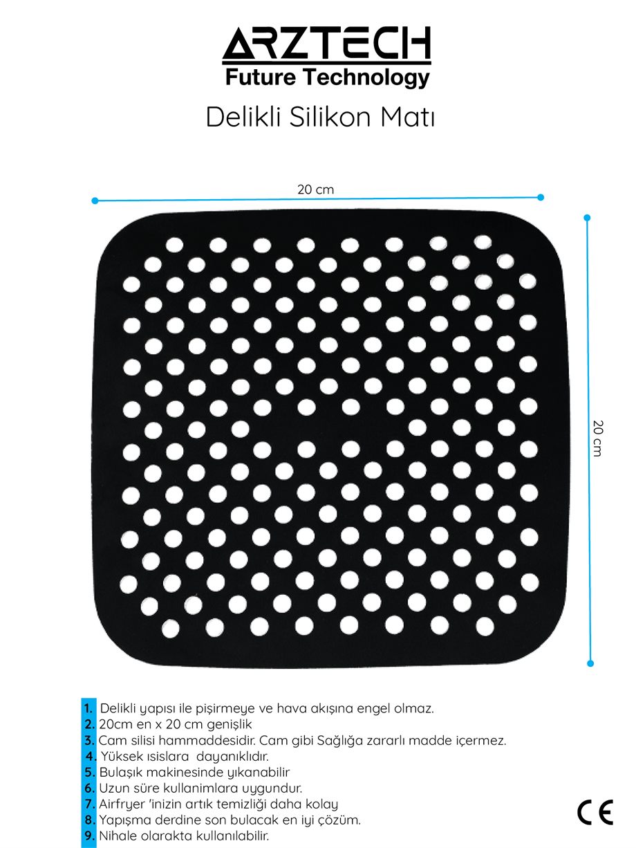 Arztech Airfryer Delikli Silikon Mat 20cmx20cm XXL için
