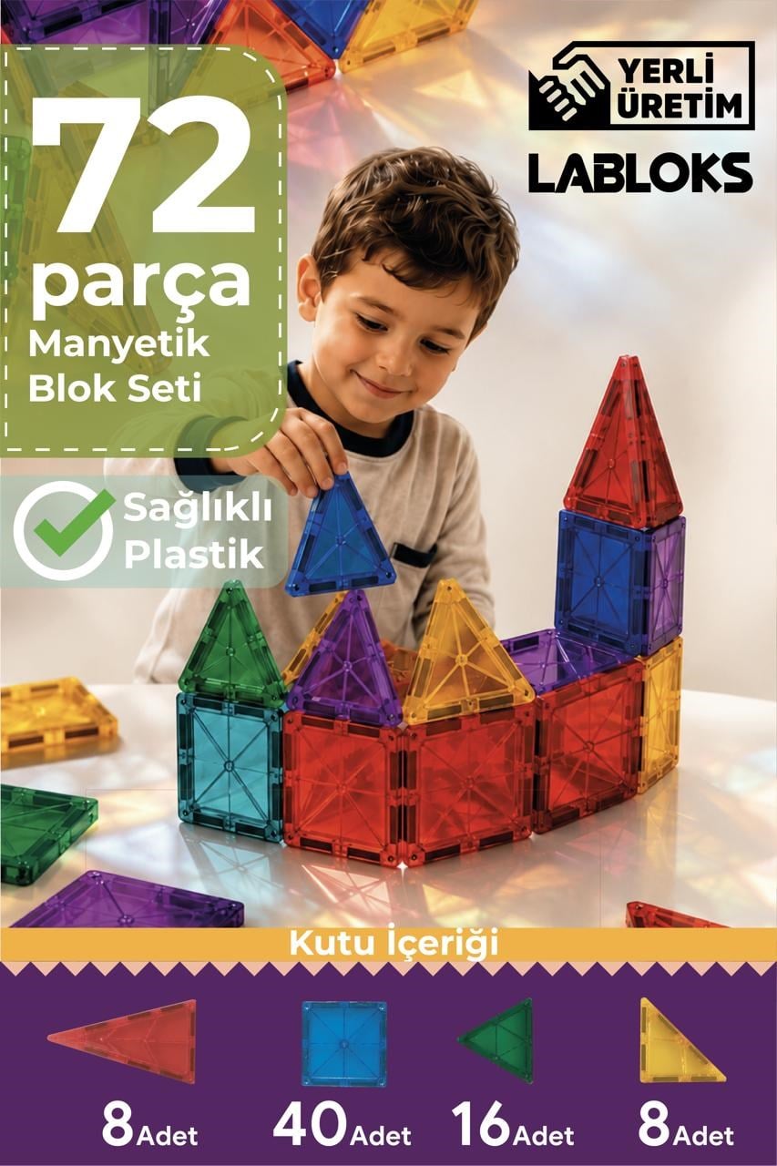 Labloks Manyetik Yapı Blokları – Çocuklar Için Eğitici Oyuncak 72 Parça Manyetik Karo Oyun Seti