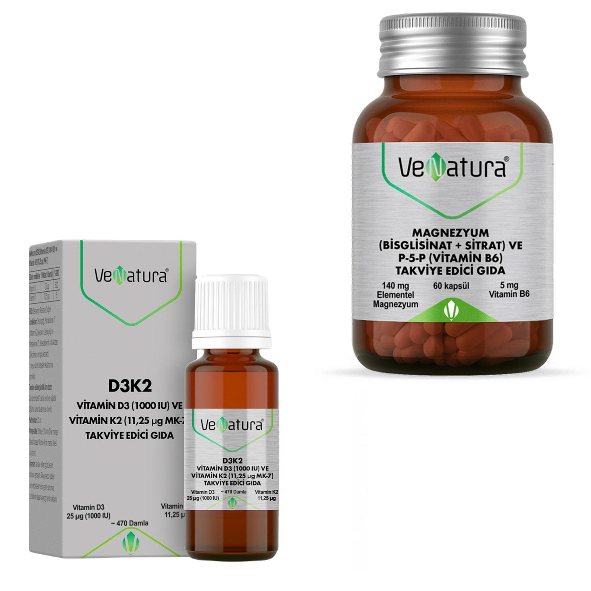  VeNatura Vitamin D3K2 + VeNatura Magnezyum (Bisglisinat+Sitrat) ve P5P (Vitamin B6) 60 Kapsül