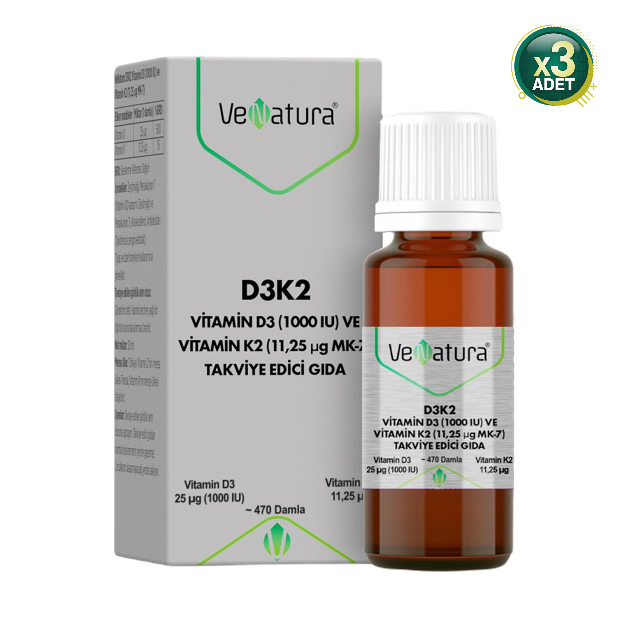  VeNatura Vitamin D3K2 Vitamin  Takviye Edici Gıda 3 Adet