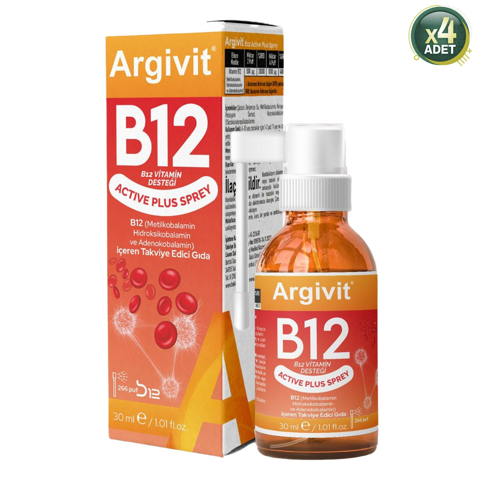 Argivit B12 Active Plus Sprey 30 ml 4'lü Paket