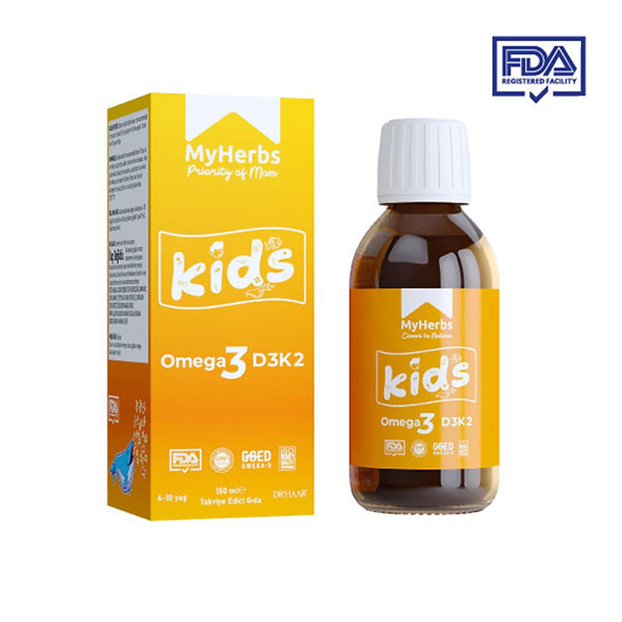 Drhaar MyHerbs Omega 3 D3K2 Büyümeyi ve Zihinsel Gelişmeyi Destekleyen Balık Yağı Şurup