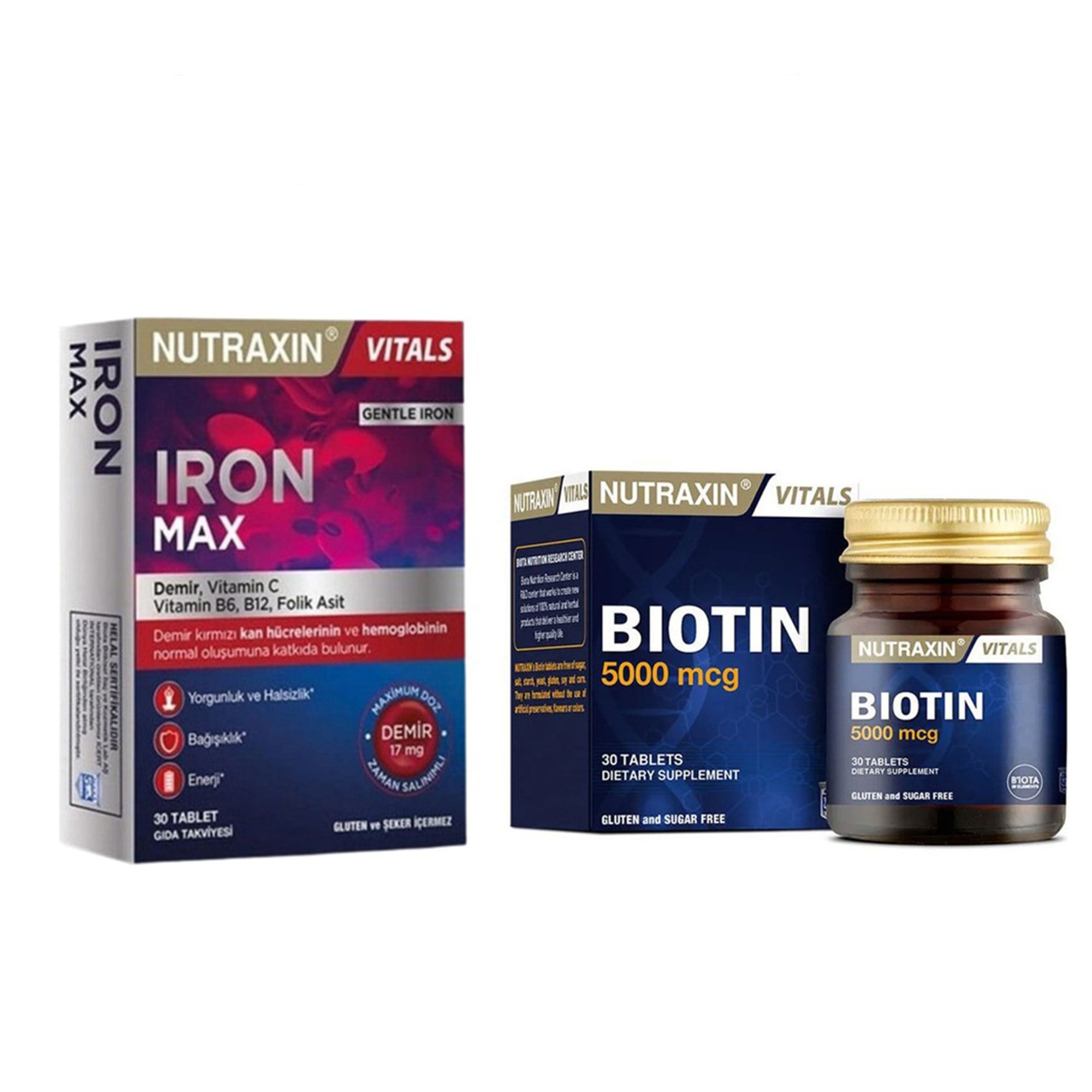 Nutraxin Biotin 5000 mcg 30 Tablet + Iron Max 17 Mg 30 Tablet (Hediyeli)