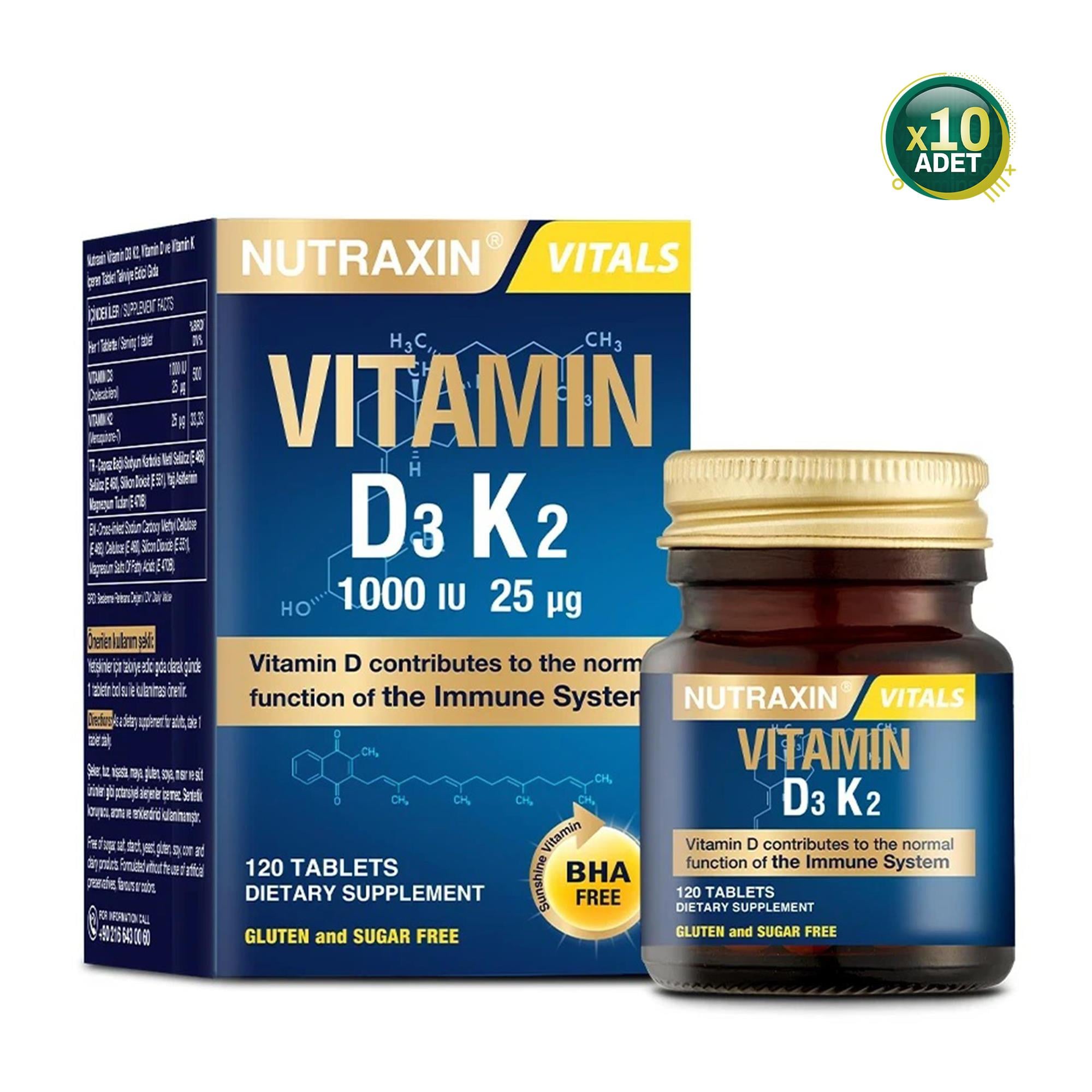 Nutraxin D3K2 Vitamin 1000 IU 120 Tablet 10 Adet