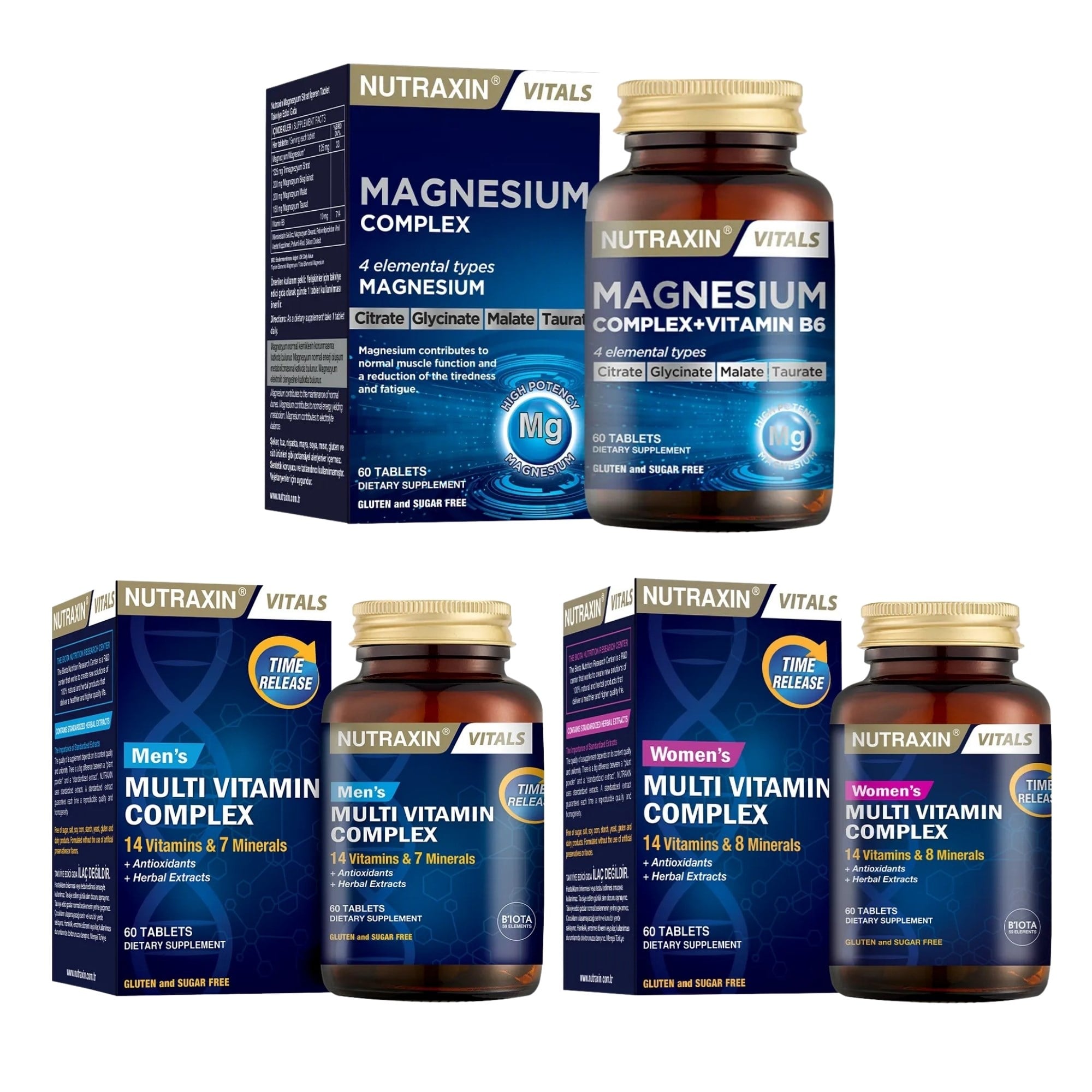 Nutraxin Magnesium Complex Vitamin B6 60 Tablet + Nutraxin Men's Multivitamin Complex 60 Tablet + Nutraxin Women's Multivitamin Complex 60 Tablet
