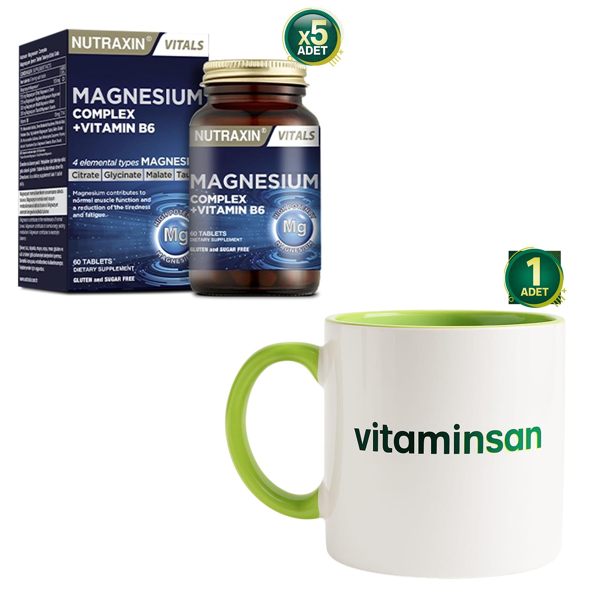 Nutraxin Magnesium Complex + Vitamin B6 60 Tablet 5 Adet Kupa Bardak Hediyeli