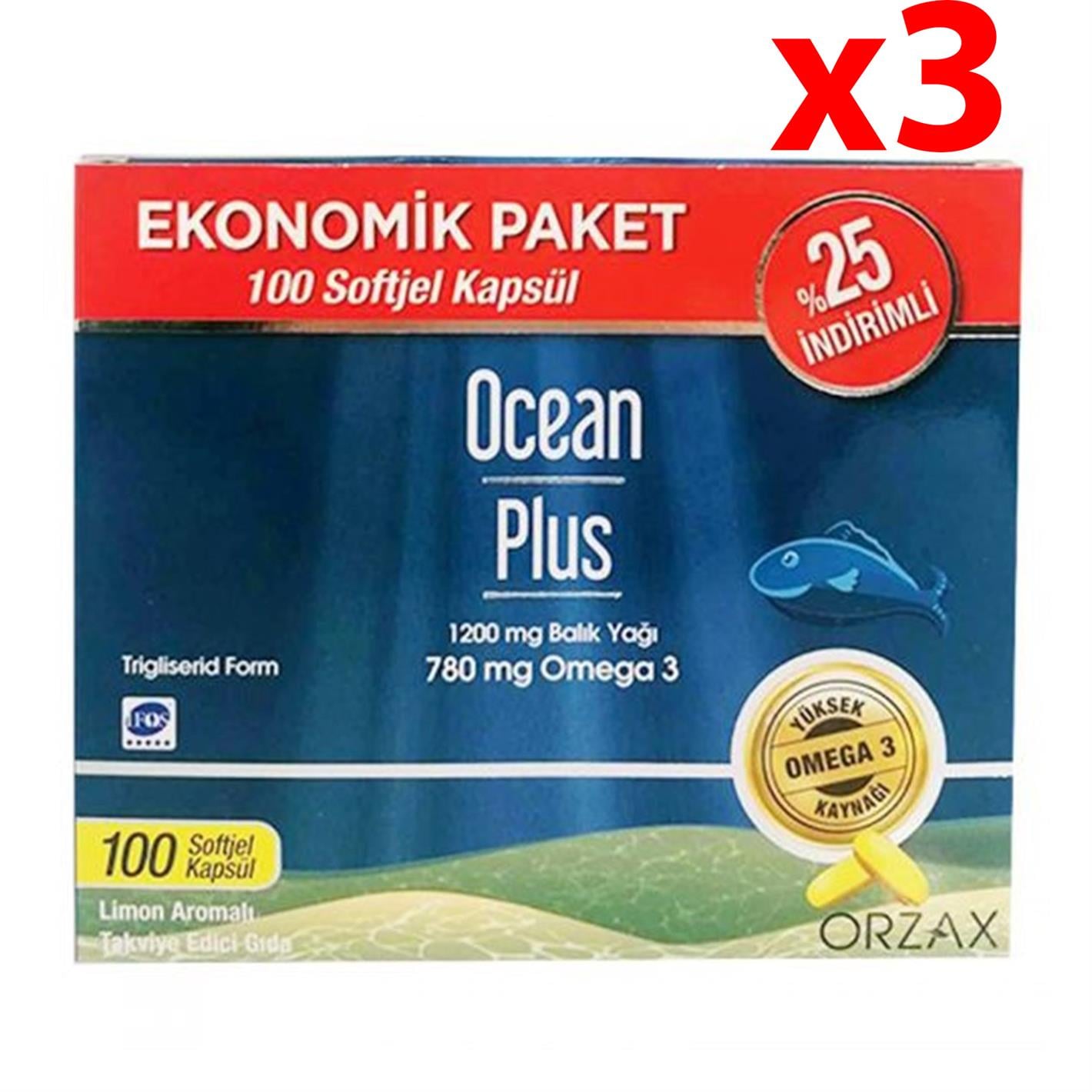 Orzax Ocean Plus Limon Aromalı Takviye Edici 100 Kapsül | Ekonomik Paket 3 Adet