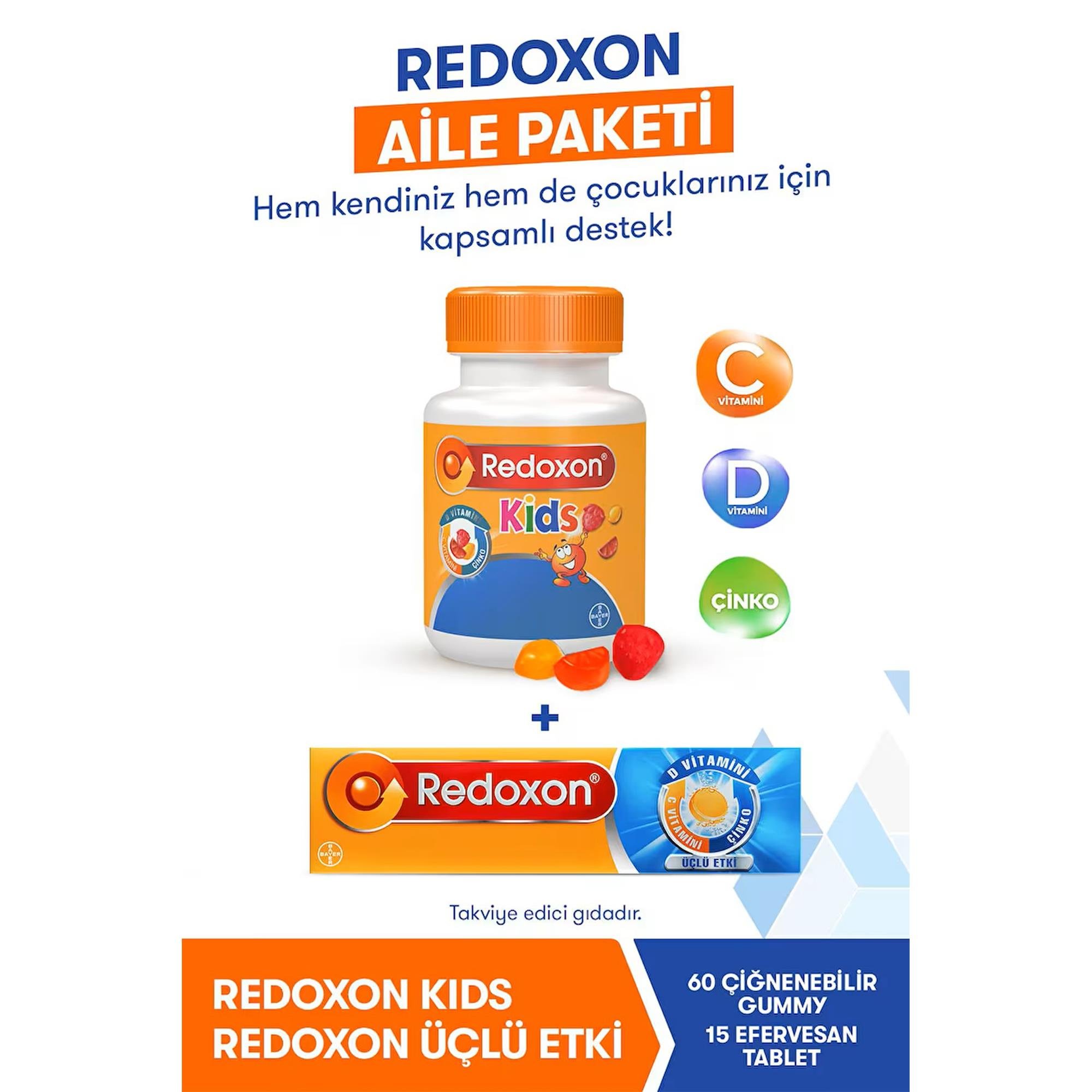 Redoxon Kids+ Redoxon Üçlü Etki 15 Efervesan Tablet (Aile Paketi) I C Vitamini, D Vitamini ve Çinko İçeren Takviye Edici