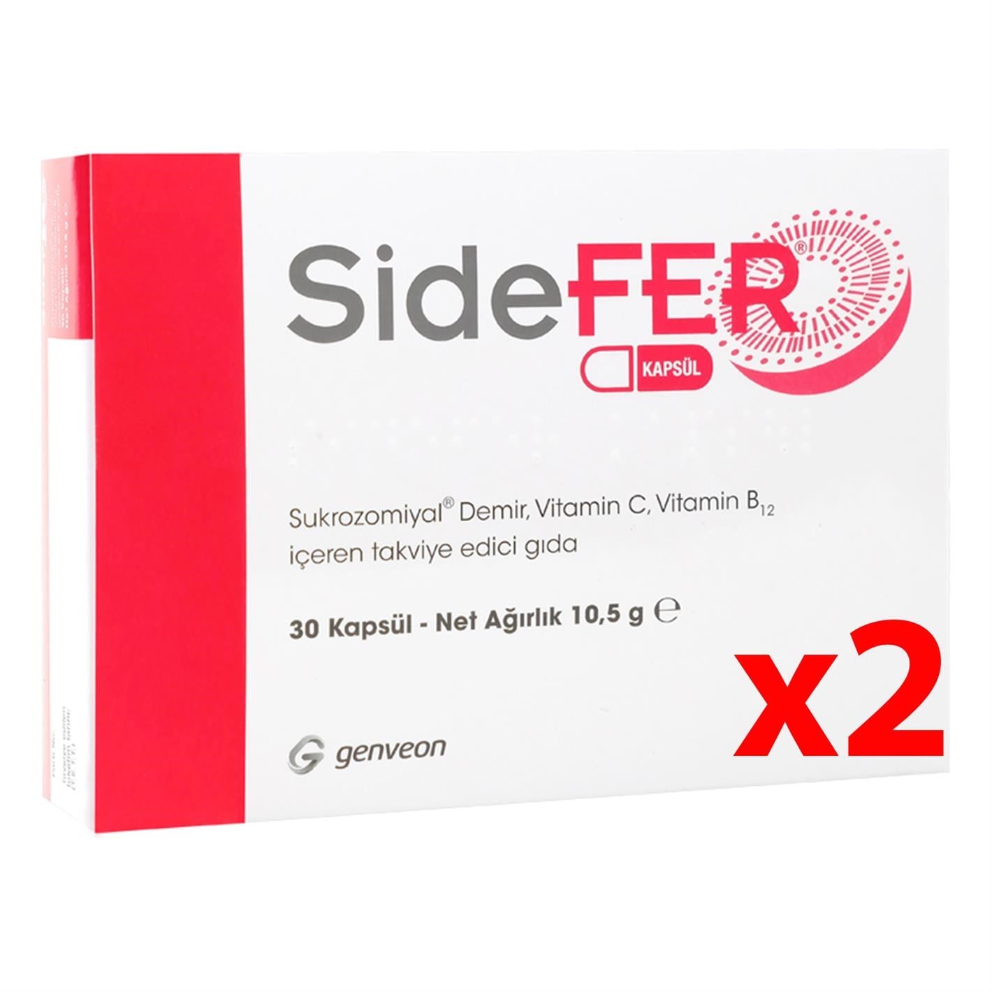 SideFER Sukrozomiyal Demir, C Vitamini ve B12 Vitamini 30 Kapsül 2 Adet