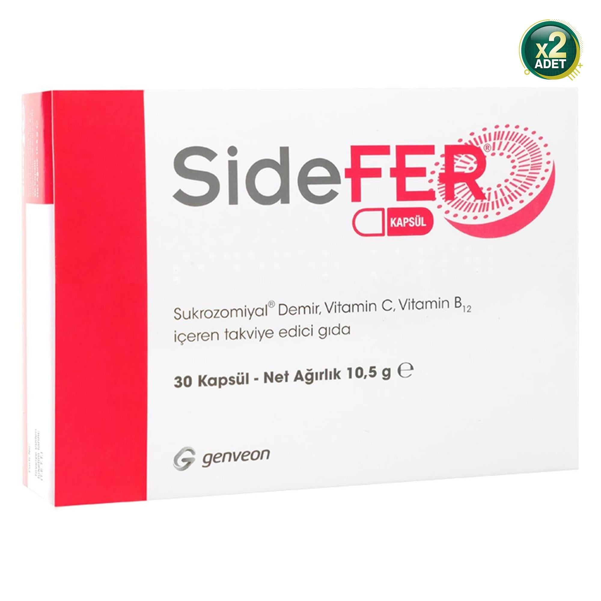 SideFER Sukrozomiyal Demir, C Vitamini ve B12 Vitamini 30 Kapsül 2 Adet