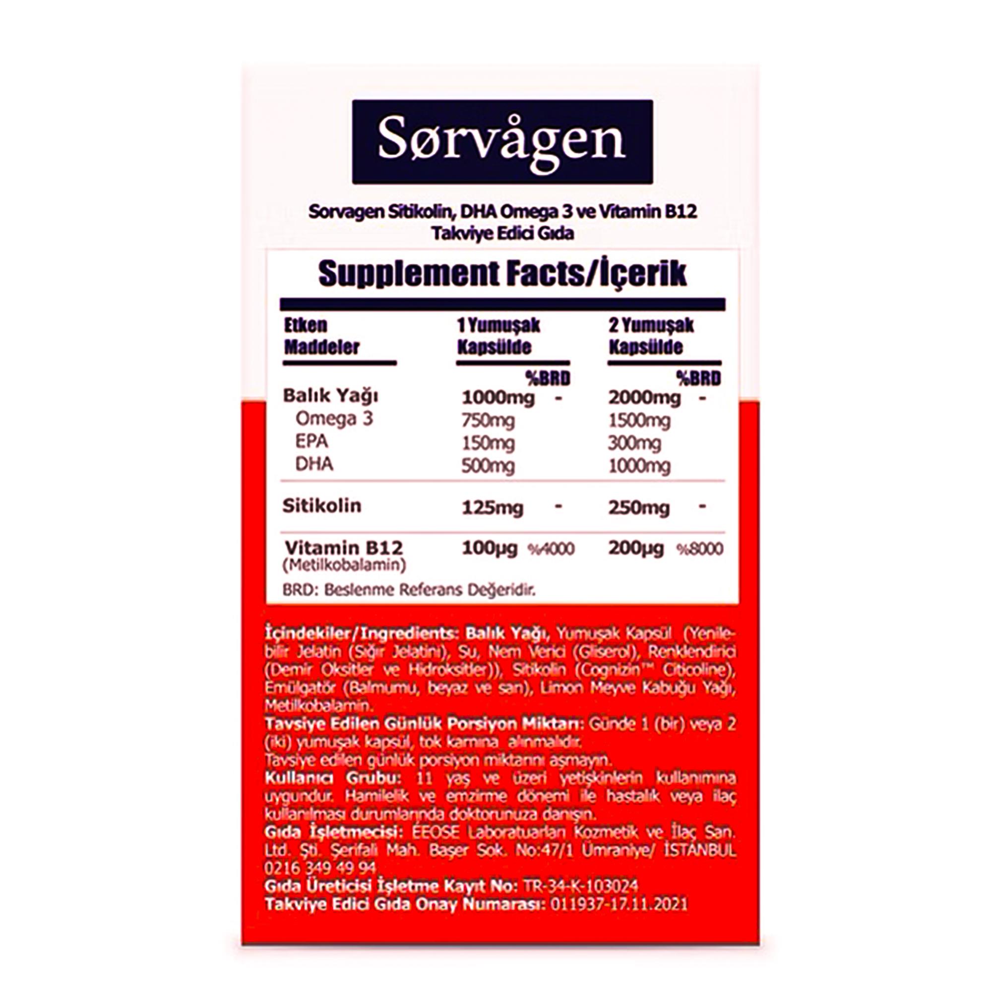 Sorvagen Smart Sitikolin DHA Omega 3 ve B12 30 Kapsül