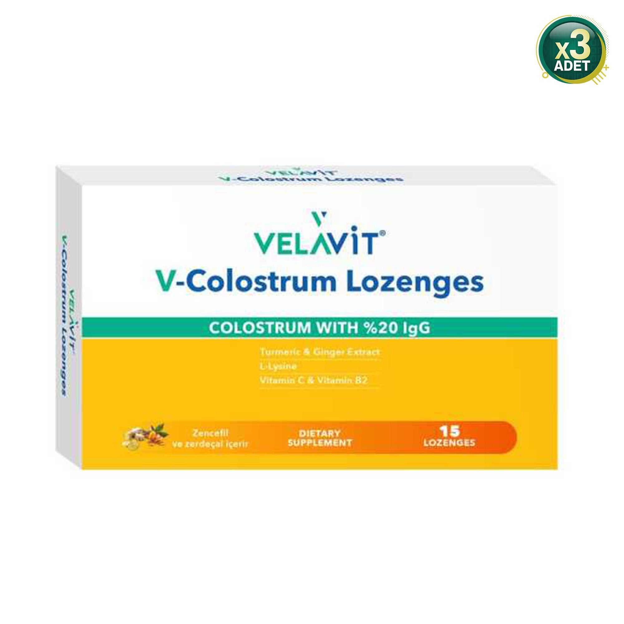 Velavit V- Colostrum with L-Lysine, Vit B2 Lozenges - Kolostrum Pastil - 15 Adet - 3 Adet (Toplam 45 Adet)