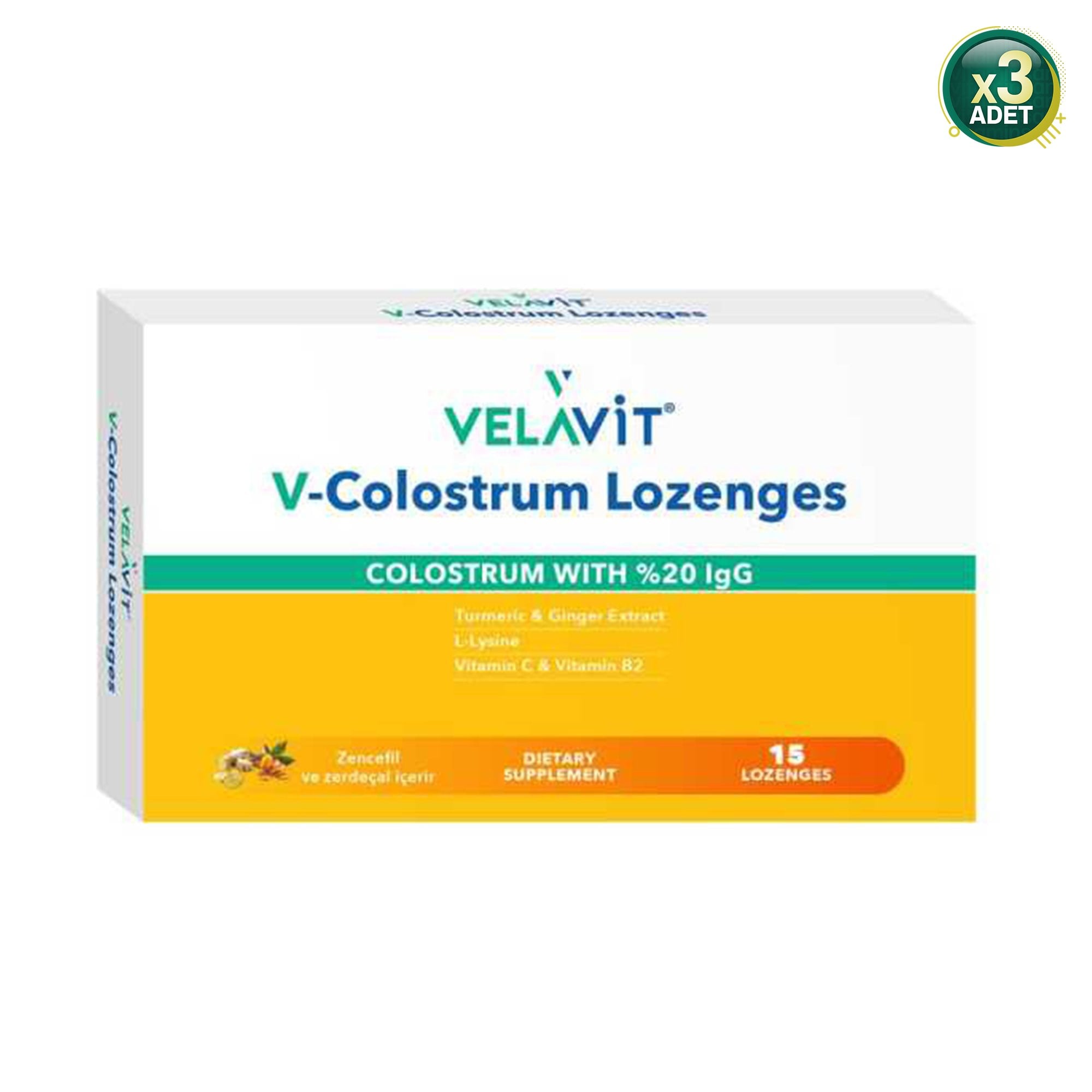 Velavit V- Colostrum with L-Lysine, Vit B2 Lozenges - Kolostrum Pastil - 15 Adet - 3 Adet (Toplam 45 Adet)