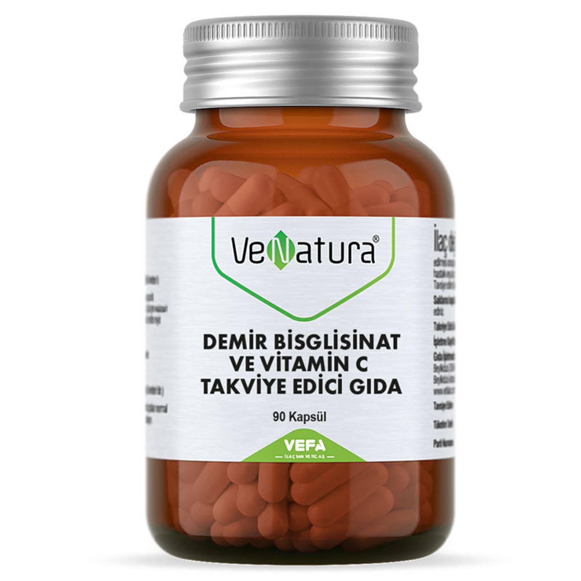 Venatura Demir Bisglisinat ve C Vitamini Takviye Edici Gıda - 90 Kapsül, 17 mg Demir, 60 mg C Vitamini, Türkiye Menşeli
