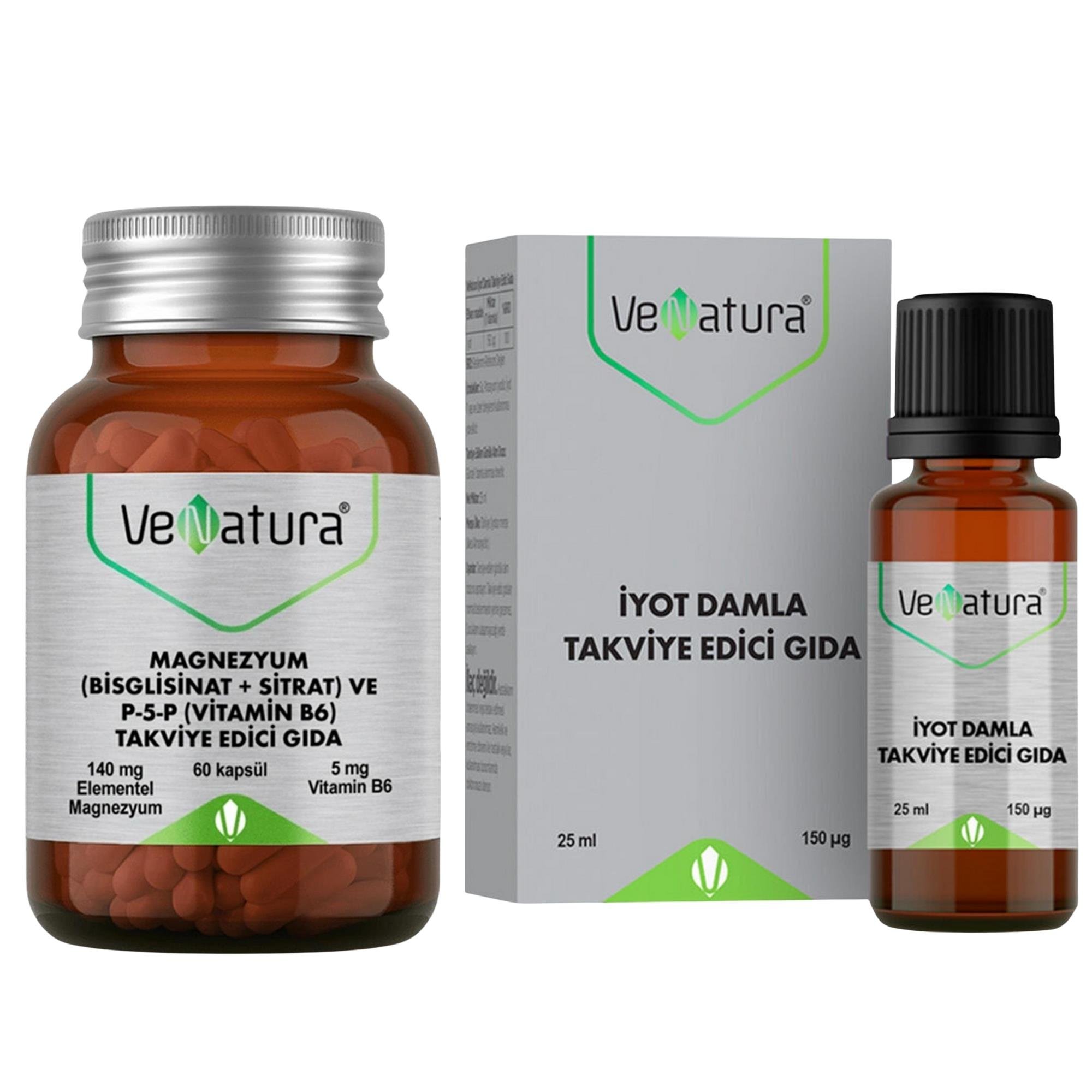Venatura Magnezyum (Bisglisinat+Sitrat) ve P5P (Vitamin B6) 60 Kapsül ve Venatura Iyot Damla Takviye Edici Gıda 25 ml