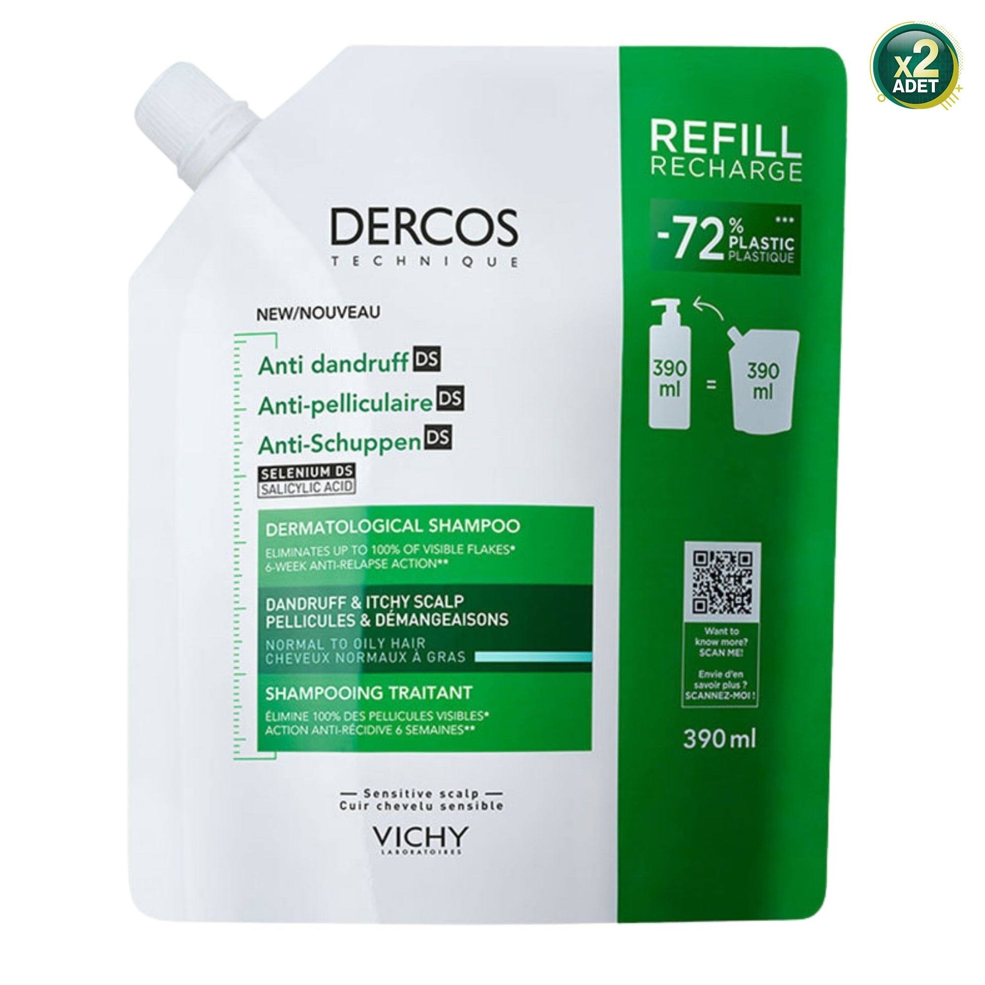 Vichy Dercos Normal ve Yağlı Saçlar için Refill 390 ml Kepek Şampuanı 2 Adet