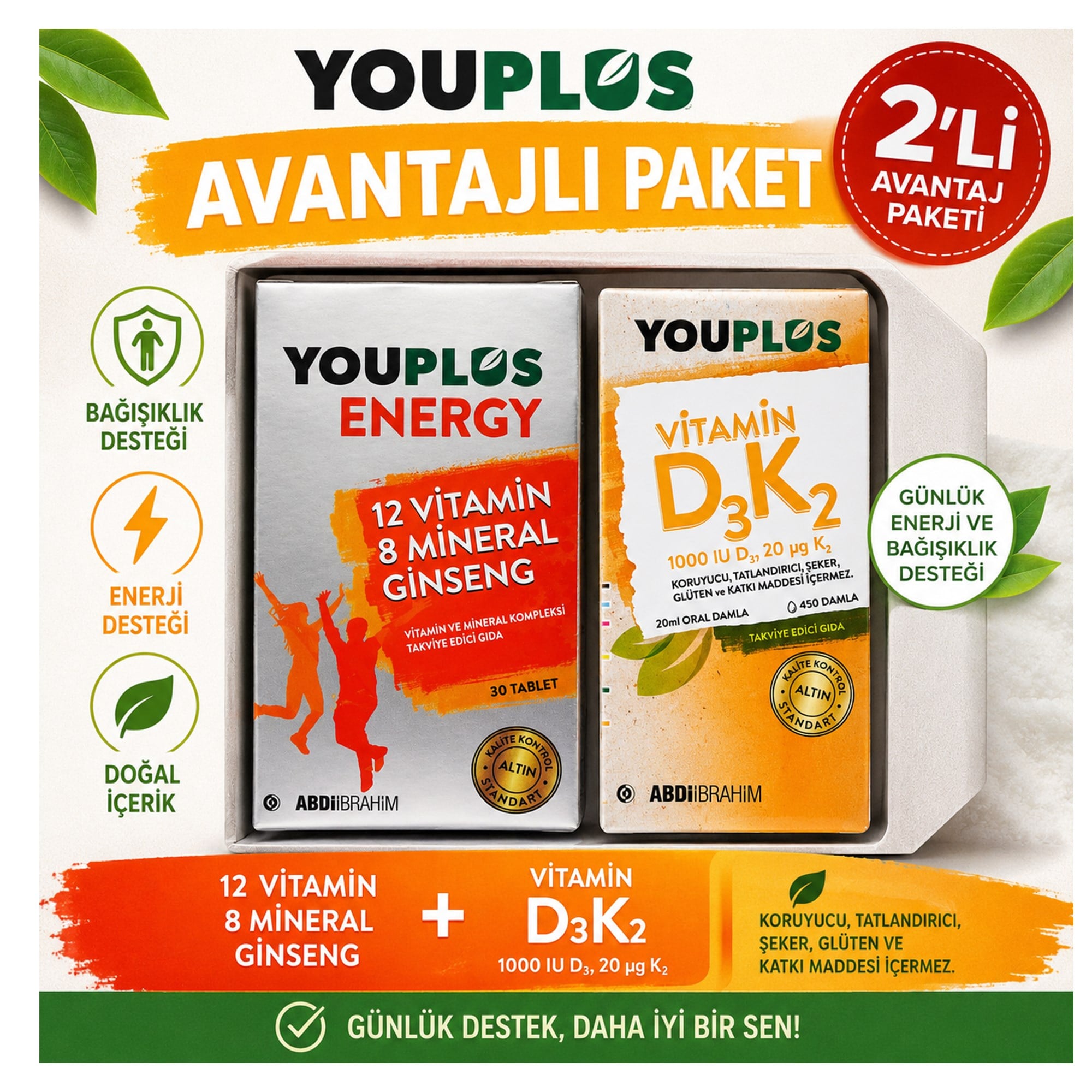 Youplus Vitamin D3 K2 Damla 20 ml ve Youplus Energy 30 Tablet 