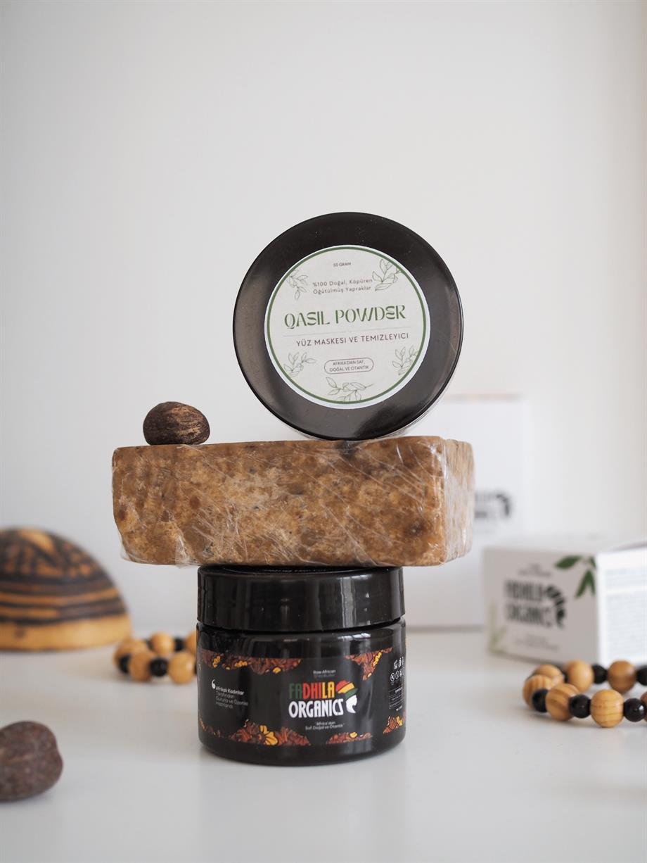 3Lü Büyük Set (100gr Shea Yağı + 250gr Afrika Sabunu + 50gr Qasil Tozu)