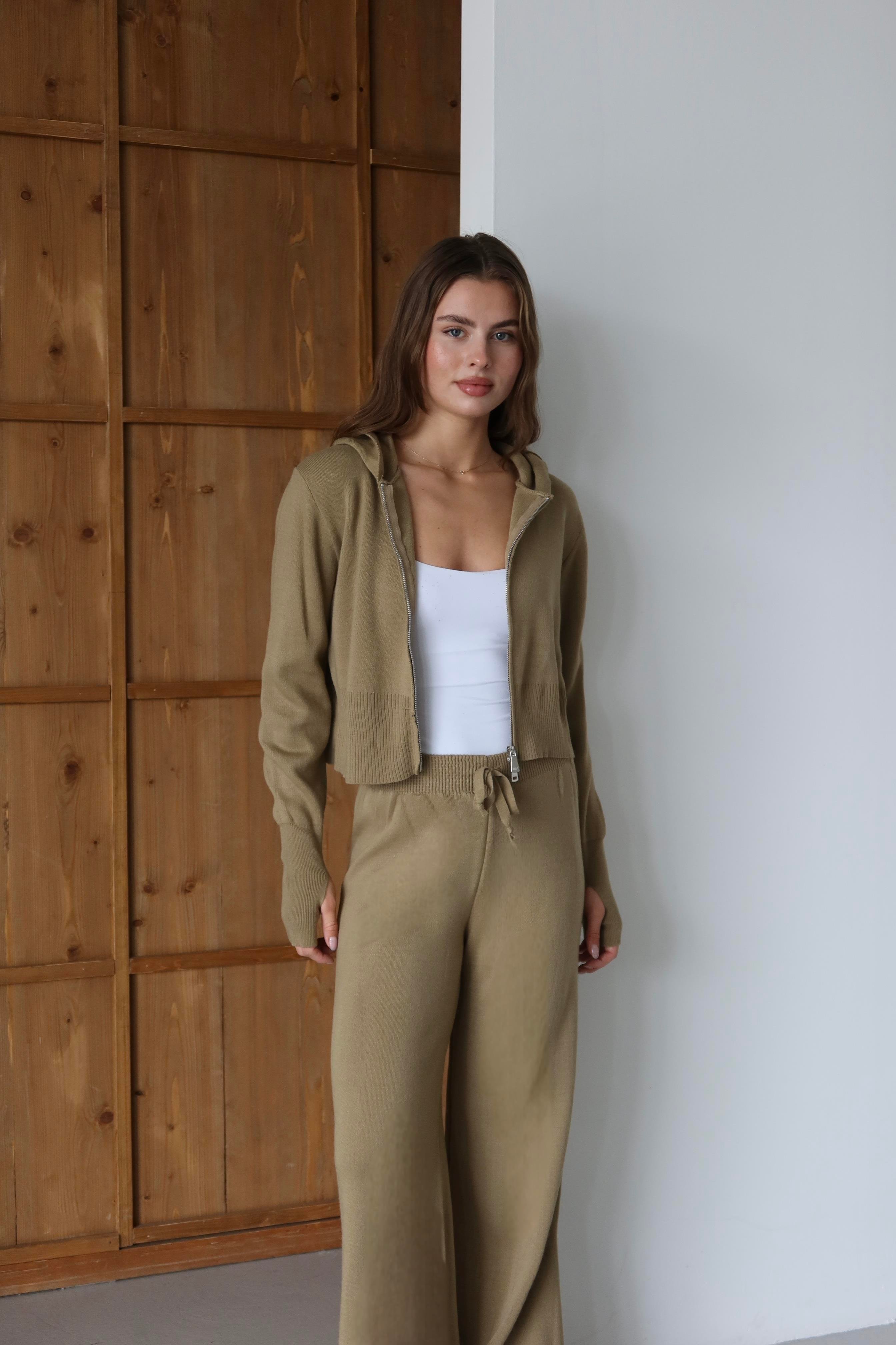 Kapüşonlu Triko Crop Takım