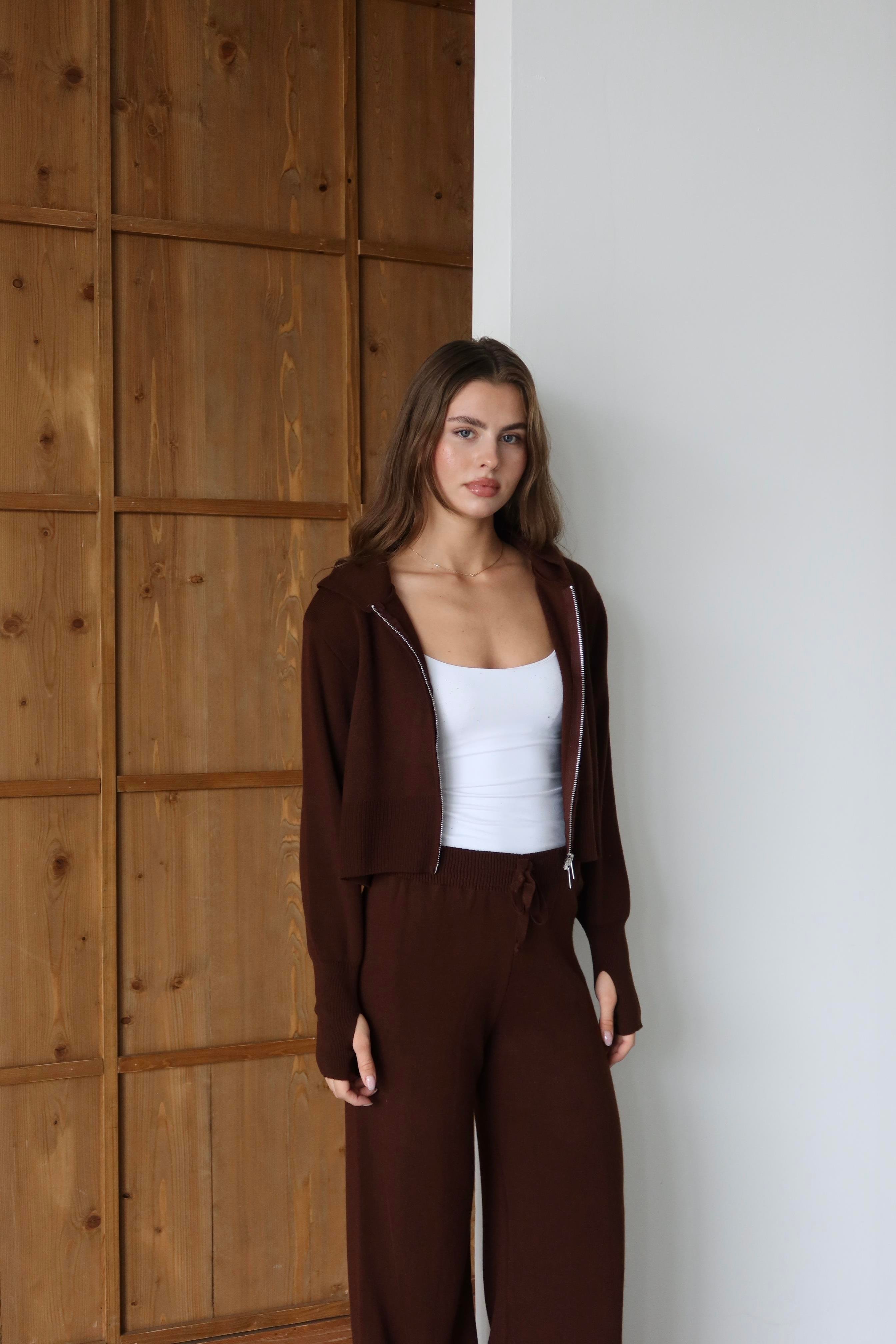 Kapüşonlu Triko Crop Takım