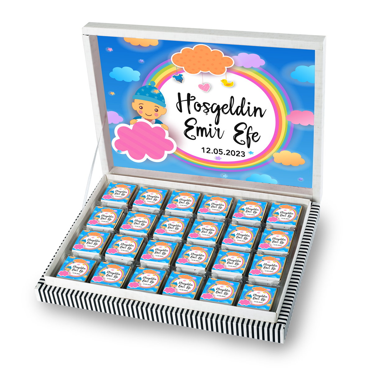 Erkek Bebek Çikolatası 500g (72 Adet) - Özel Baskı ve Sargılı Sütlü Madlen - Model-9