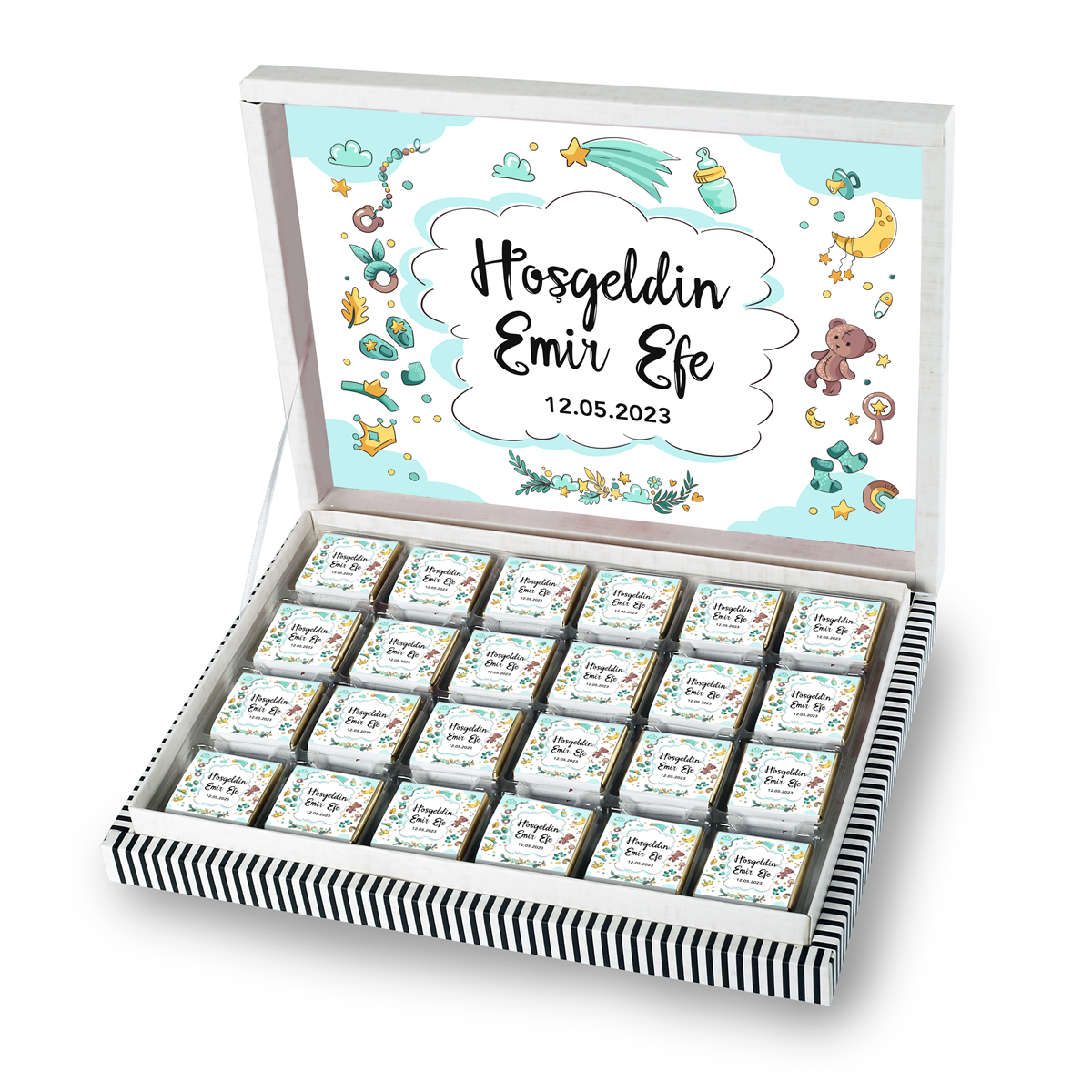 Erkek Bebek Çikolatası 500g (72 Adet) - Özel Baskı ve Sargılı Sütlü Madlen - Model-2