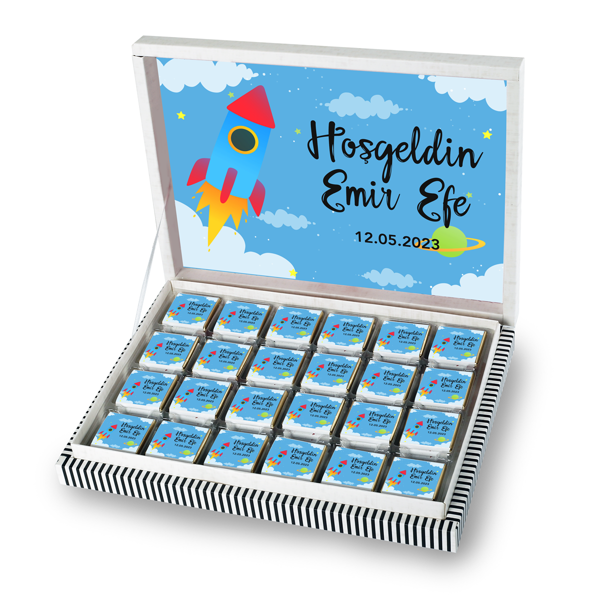 Erkek Bebek Çikolatası 500g (72 Adet) - Özel Baskı ve Sargılı Sütlü Madlen - Model-14