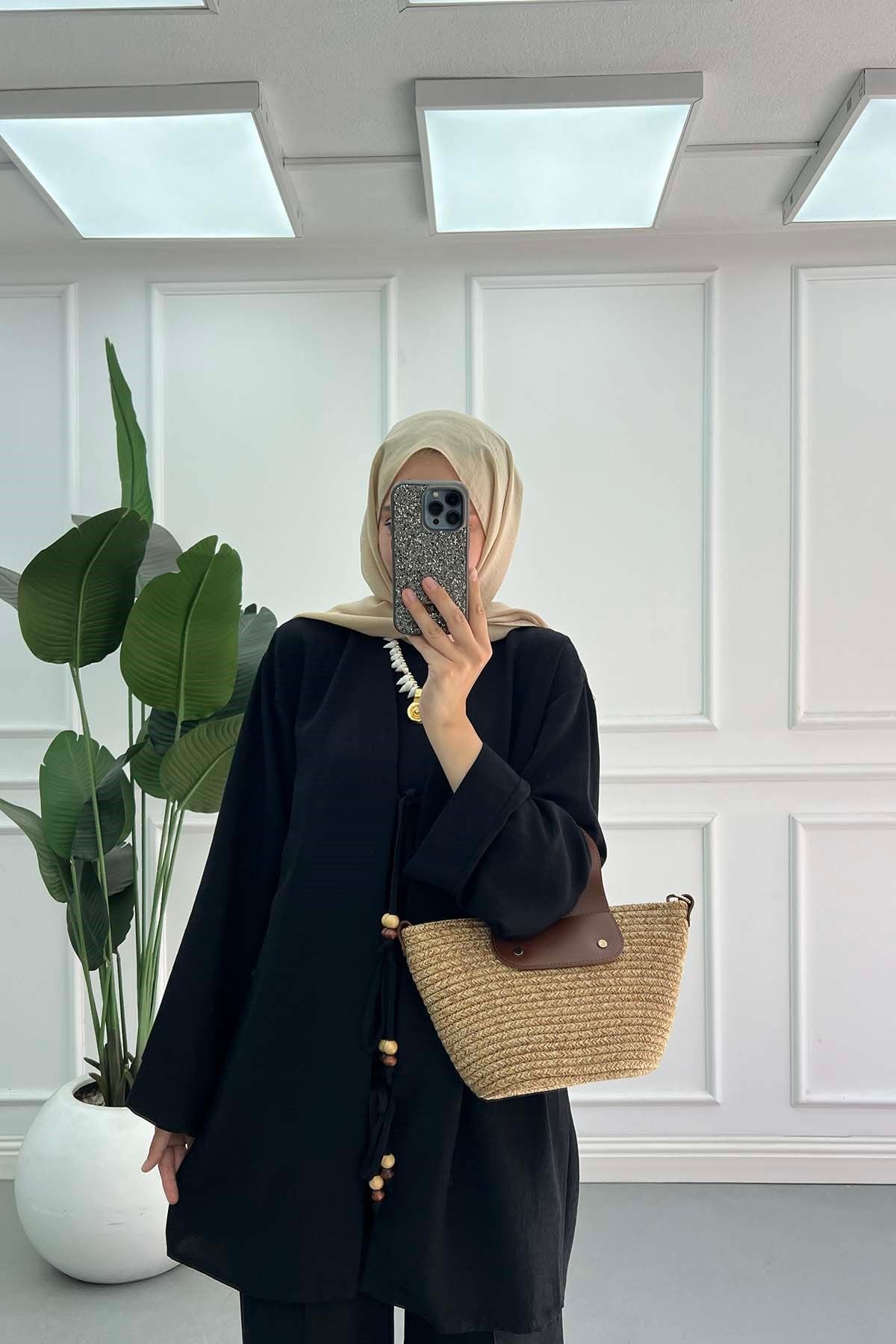 Ahşap Boncuklu Önden Bağlama Detaylı Kimono Takım Siyah