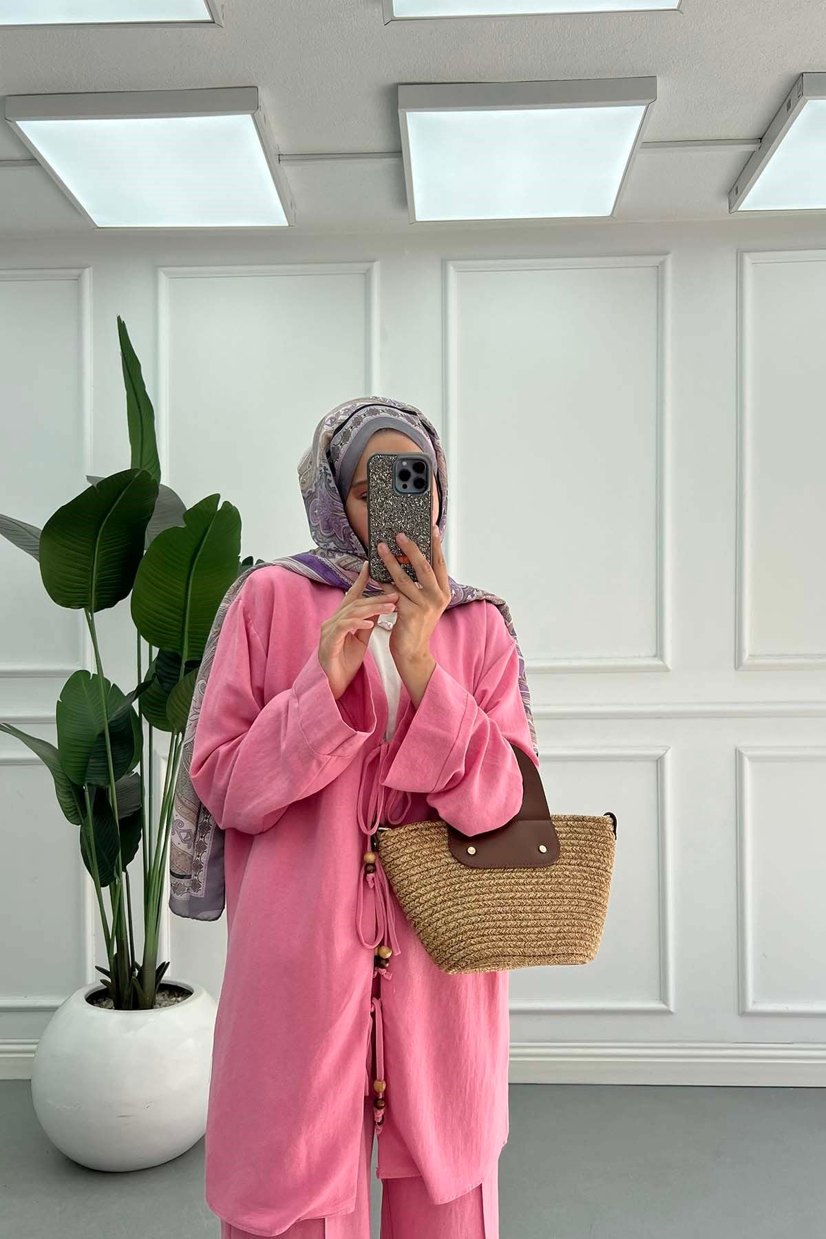 Ahşap Boncuklu Önden Bağlama Detaylı Kimono Takım Pembe