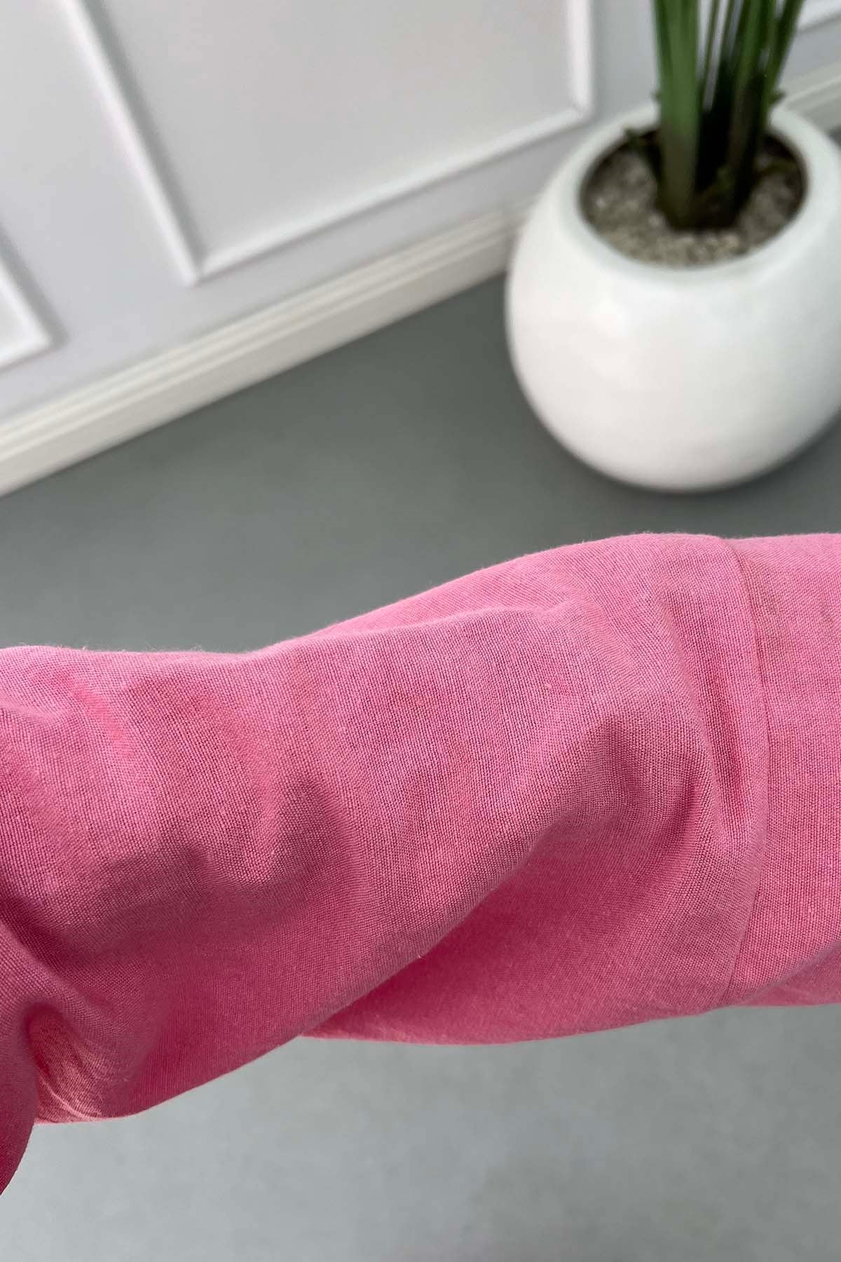 Ahşap Boncuklu Önden Bağlama Detaylı Kimono Takım Pembe