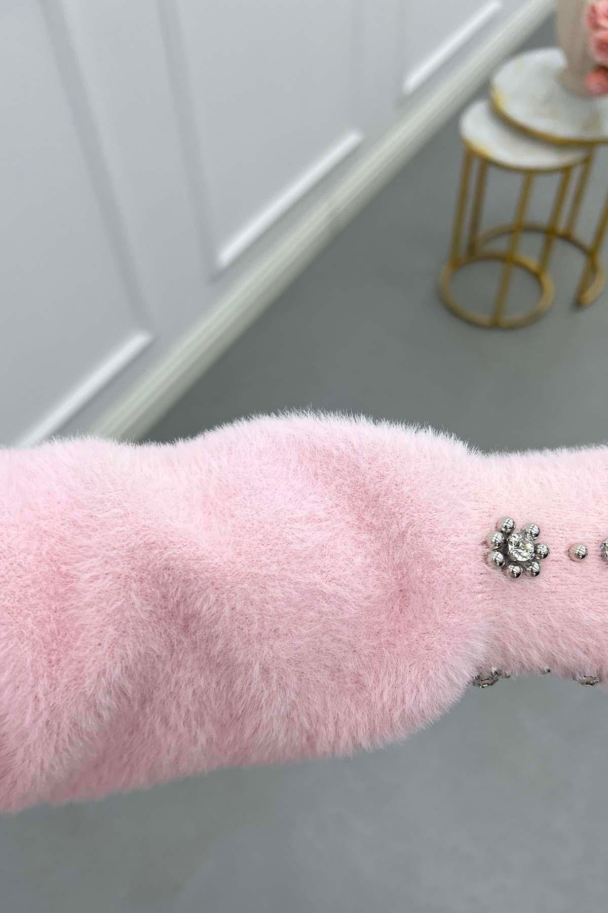 Angora Taşlı Uzun Hırka Pembe