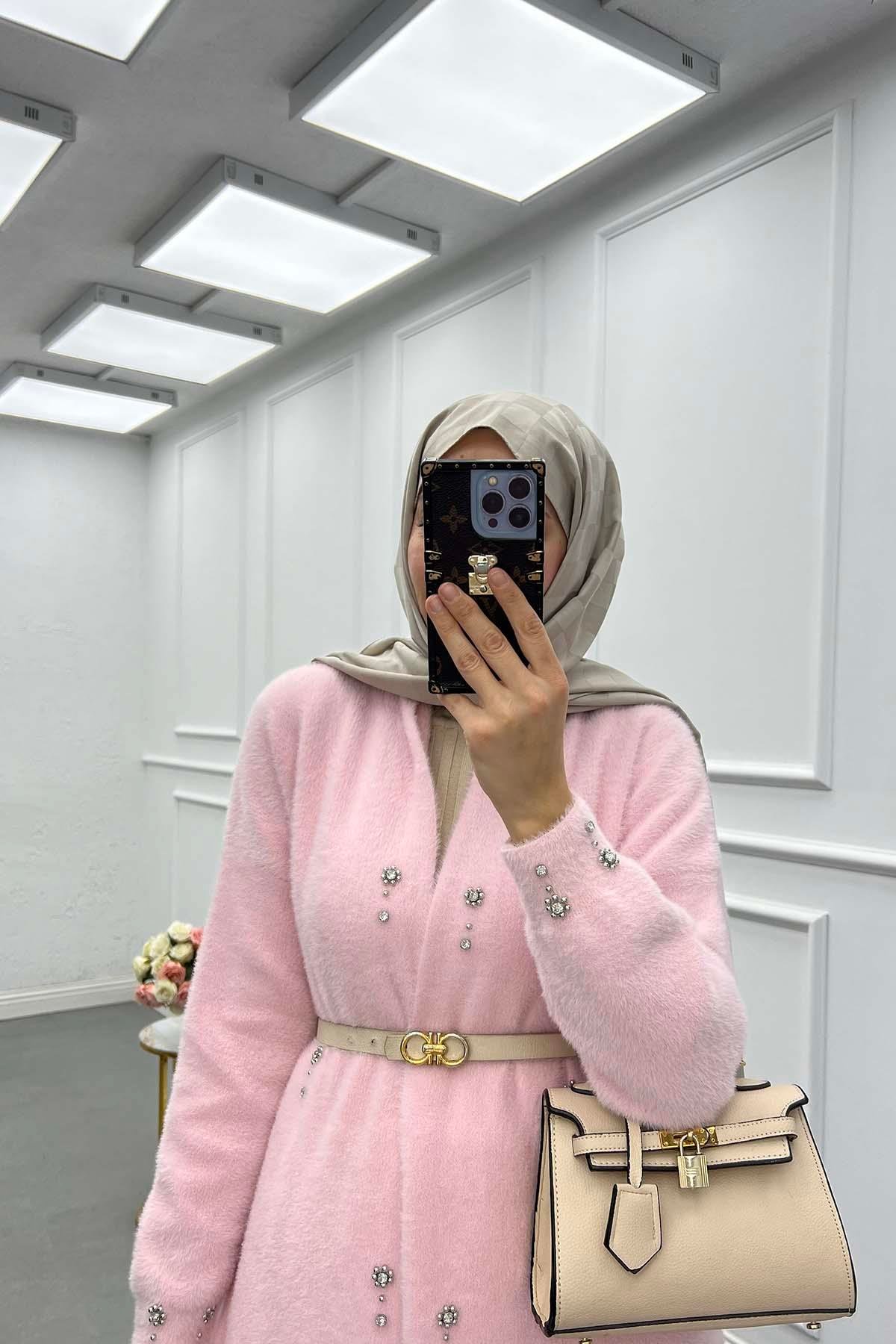 Angora Taşlı Uzun Hırka Pembe