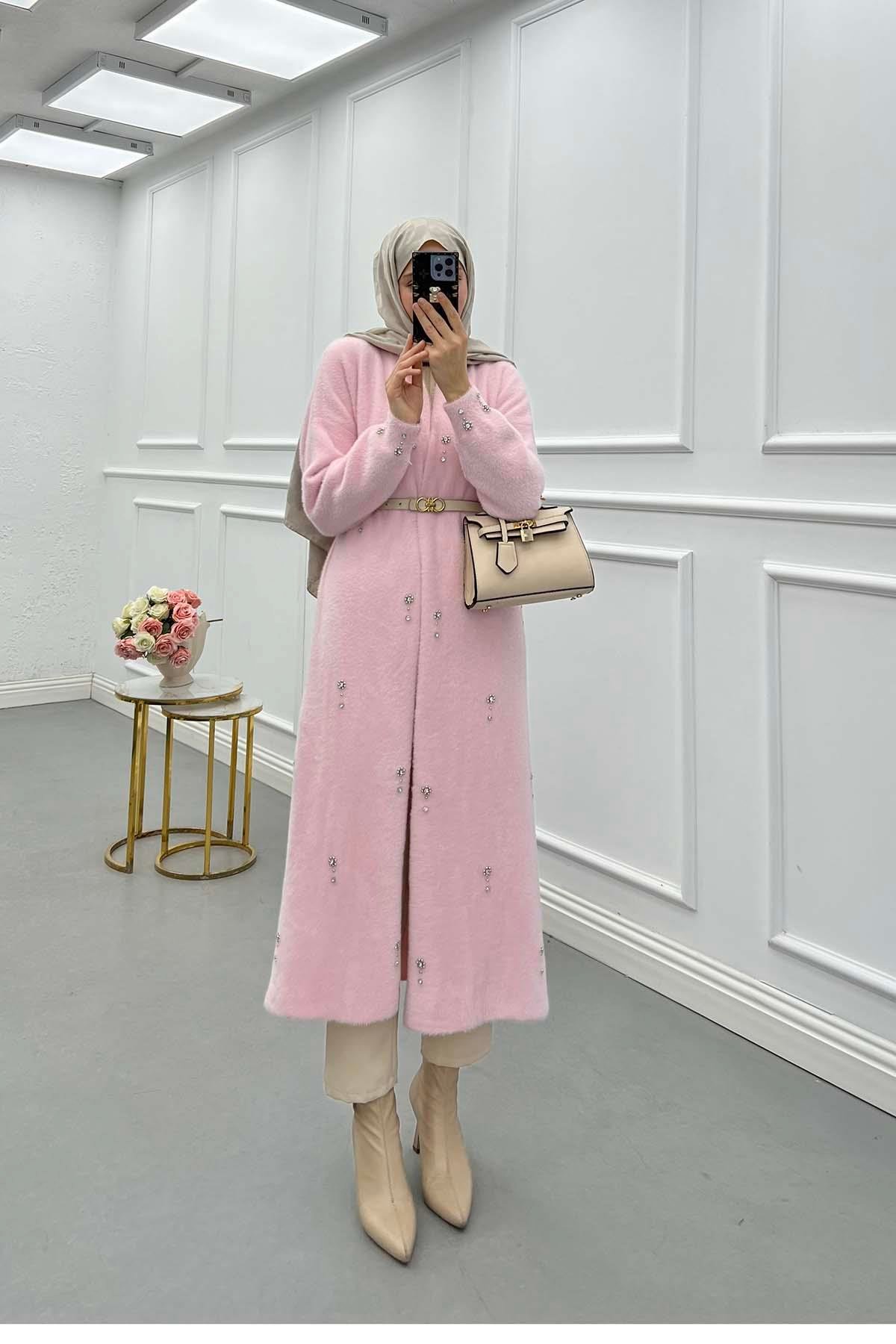 Angora Taşlı Uzun Hırka Pembe