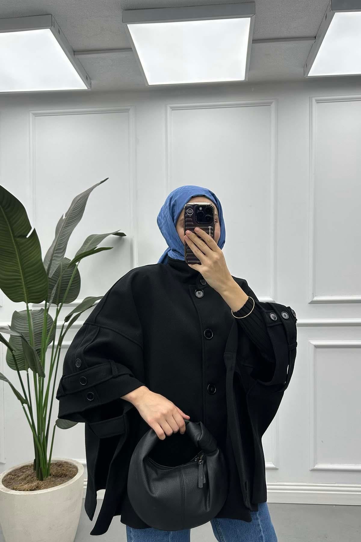 Apoletli Kaşe Pelerin Siyah