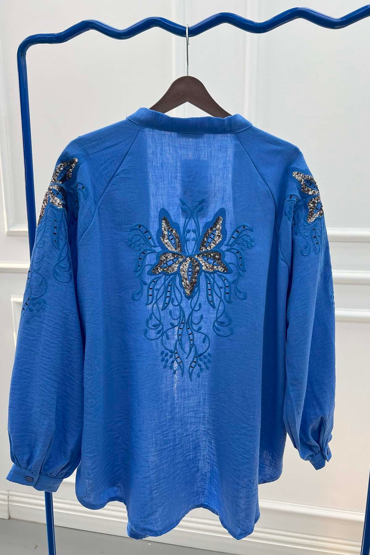 Arkası Nakışlı Pullu Kimono Mavi