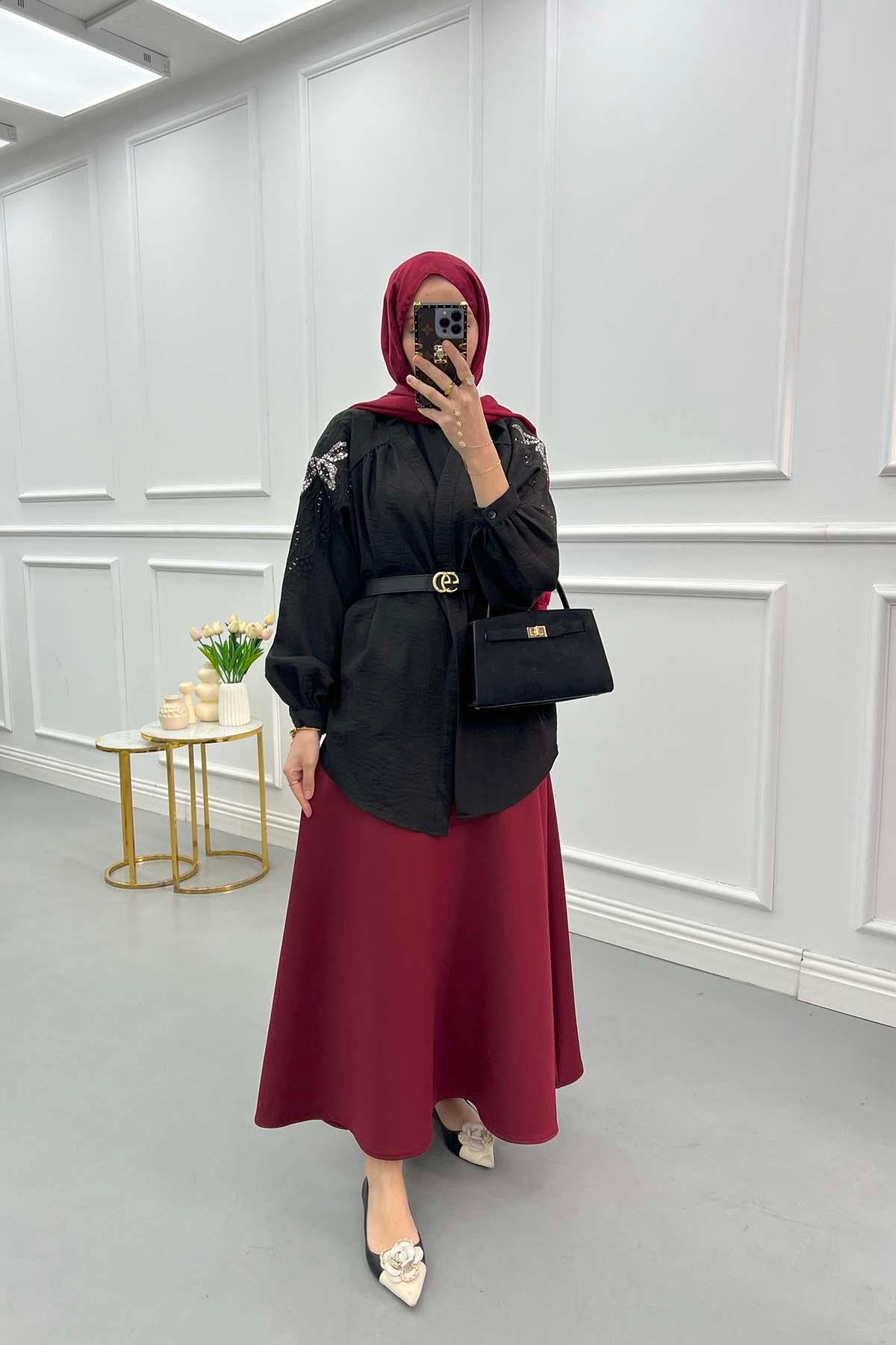 Arkası Nakışlı Pullu Kimono Siyah