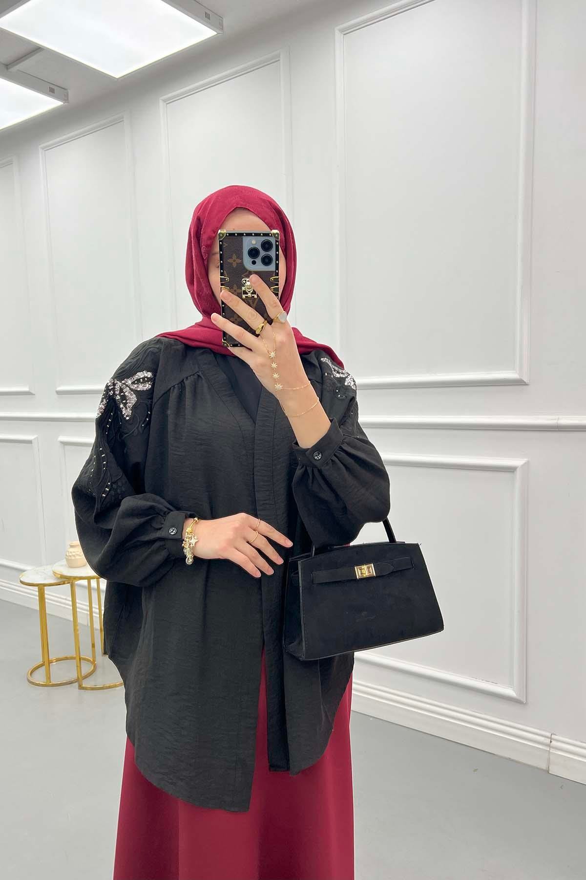 Arkası Nakışlı Pullu Kimono Siyah