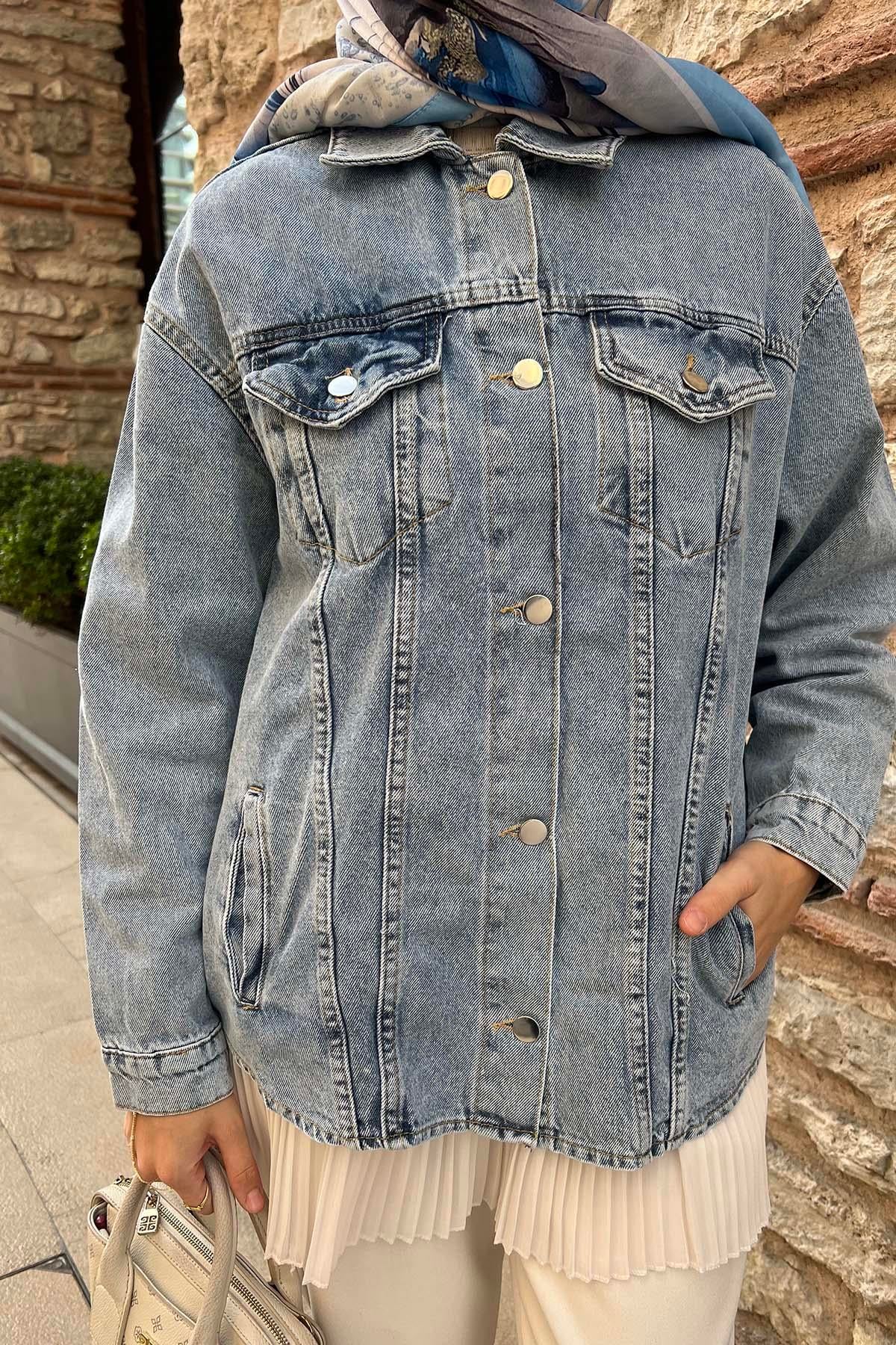 Arkası Oval Kesim Kot Ceket Mavi