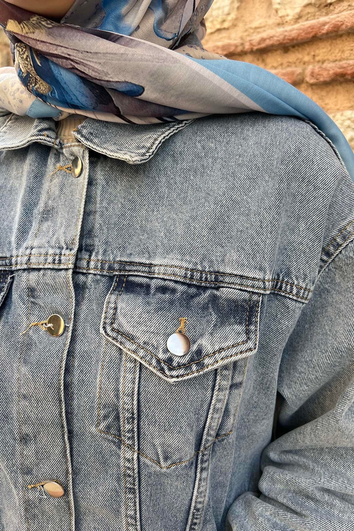 Arkası Oval Kesim Kot Ceket Mavi