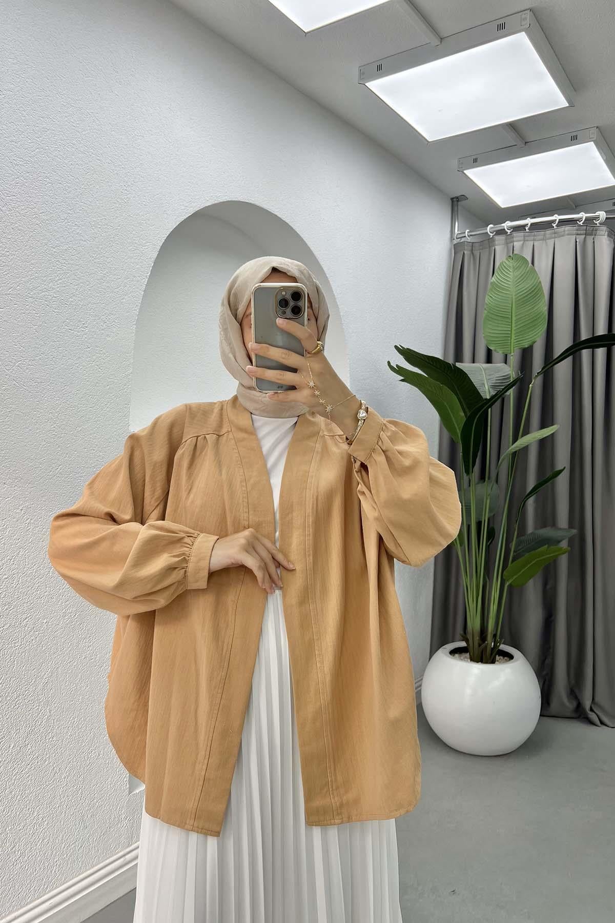 Arkası Pul İşlemeli Kimono Camel