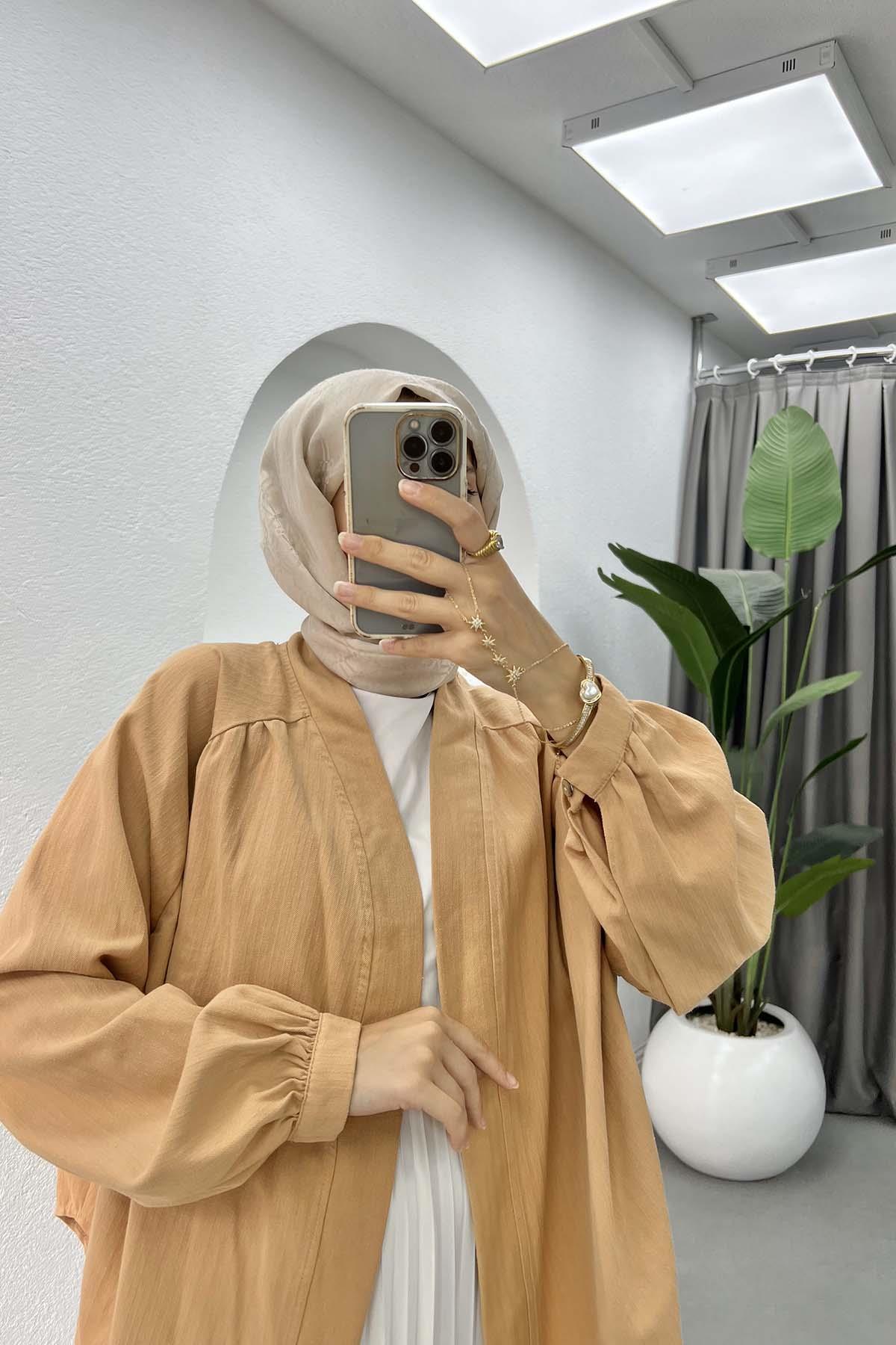 Arkası Pul İşlemeli Kimono Camel