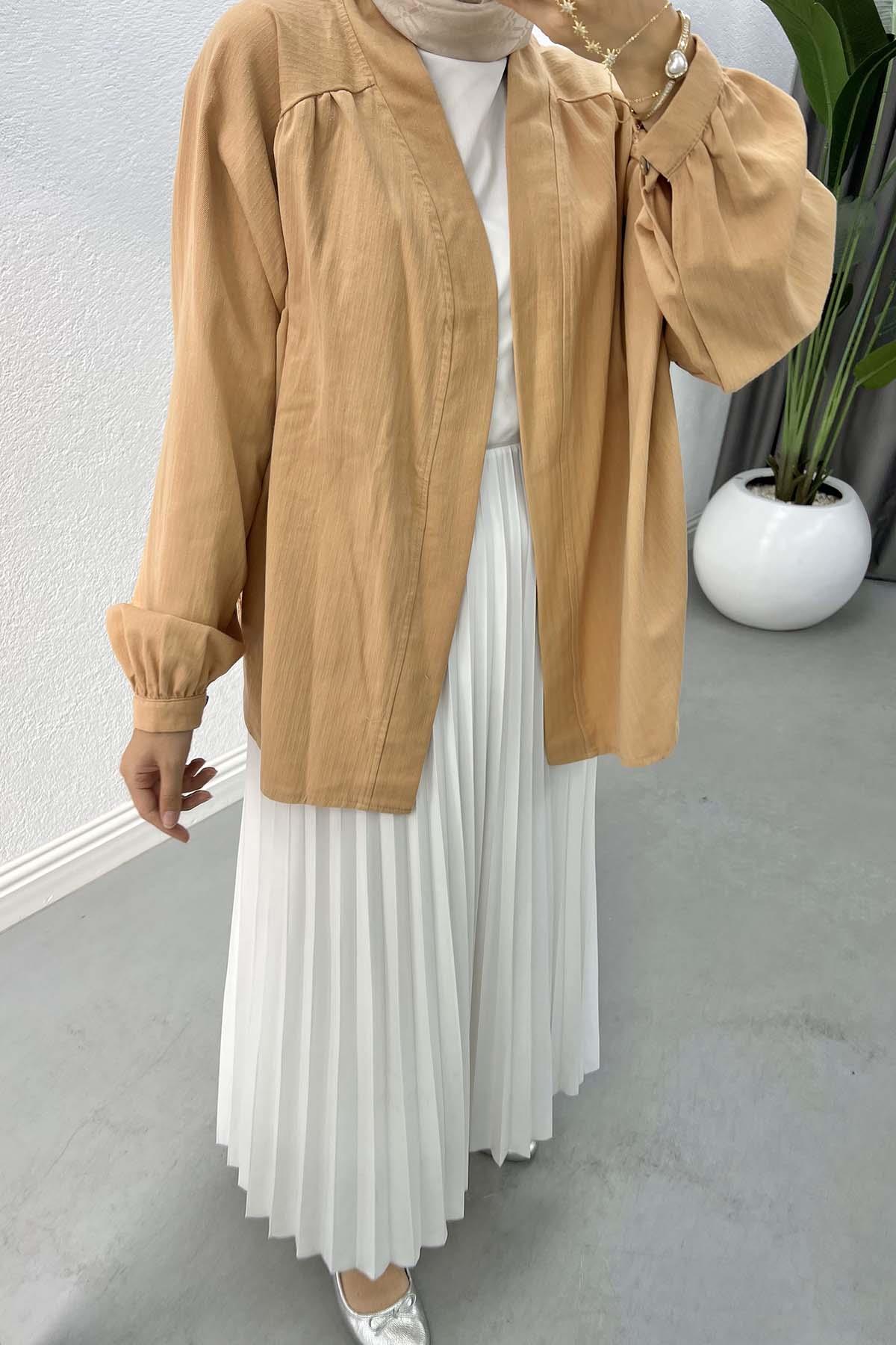 Arkası Pul İşlemeli Kimono Camel