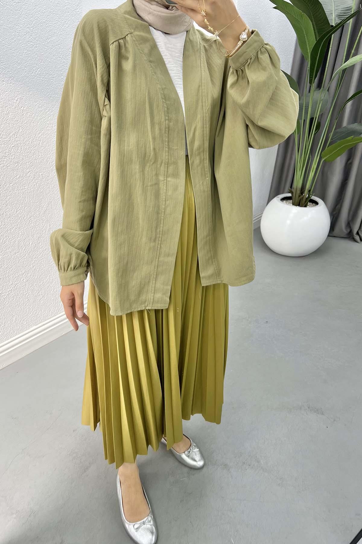 Arkası Pul İşlemeli Kimono Haki